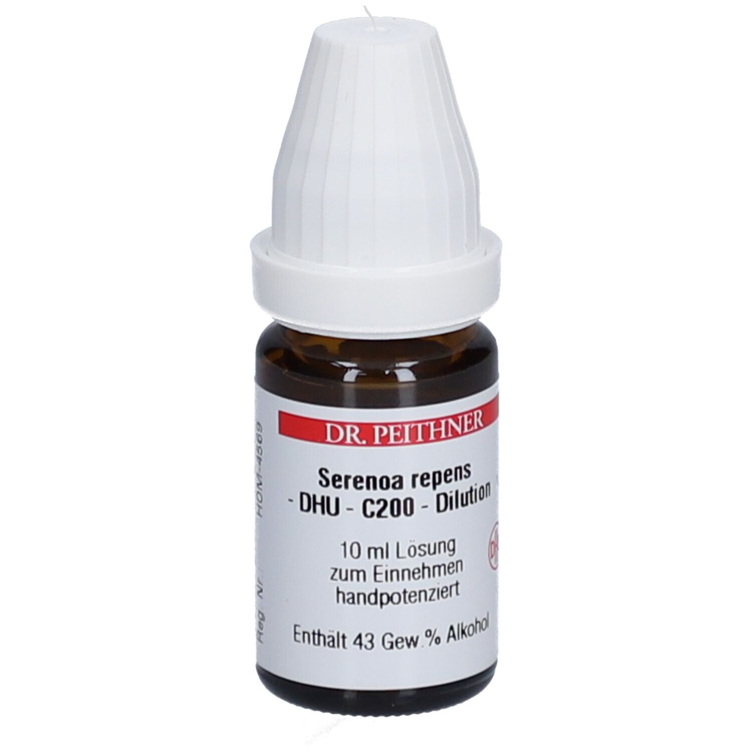 Braune Glasflasche mit weißem Deckel. Beschriftung: DR. PEITHNER, Serenoa repens, DHU-C200, 10 ml Lösung, 43 Gew.% Alkohol.