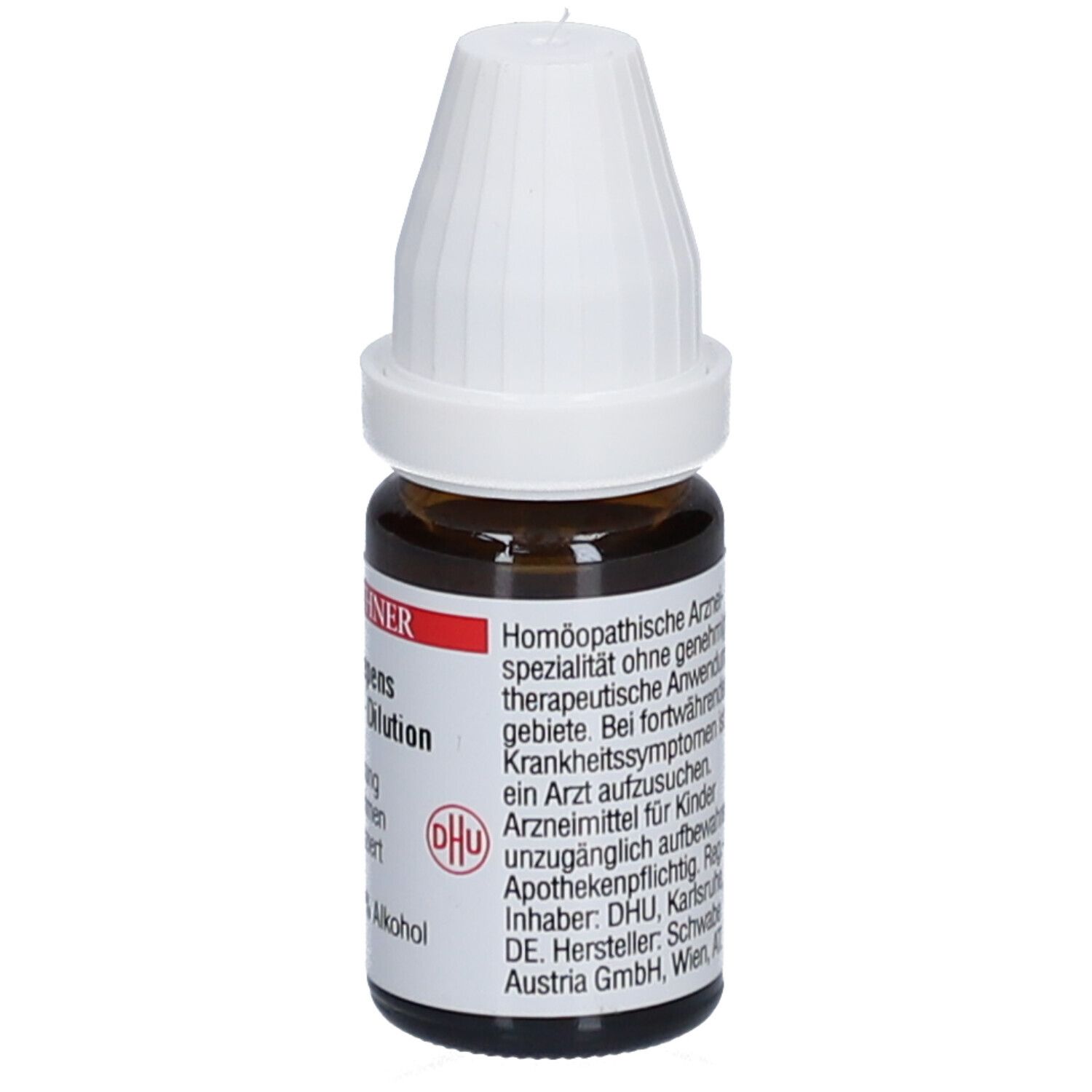 Braune Glasflasche mit weißem Deckel. Beschriftung: Homöopathische Arznei, DHU, Apothekenpflichtig.