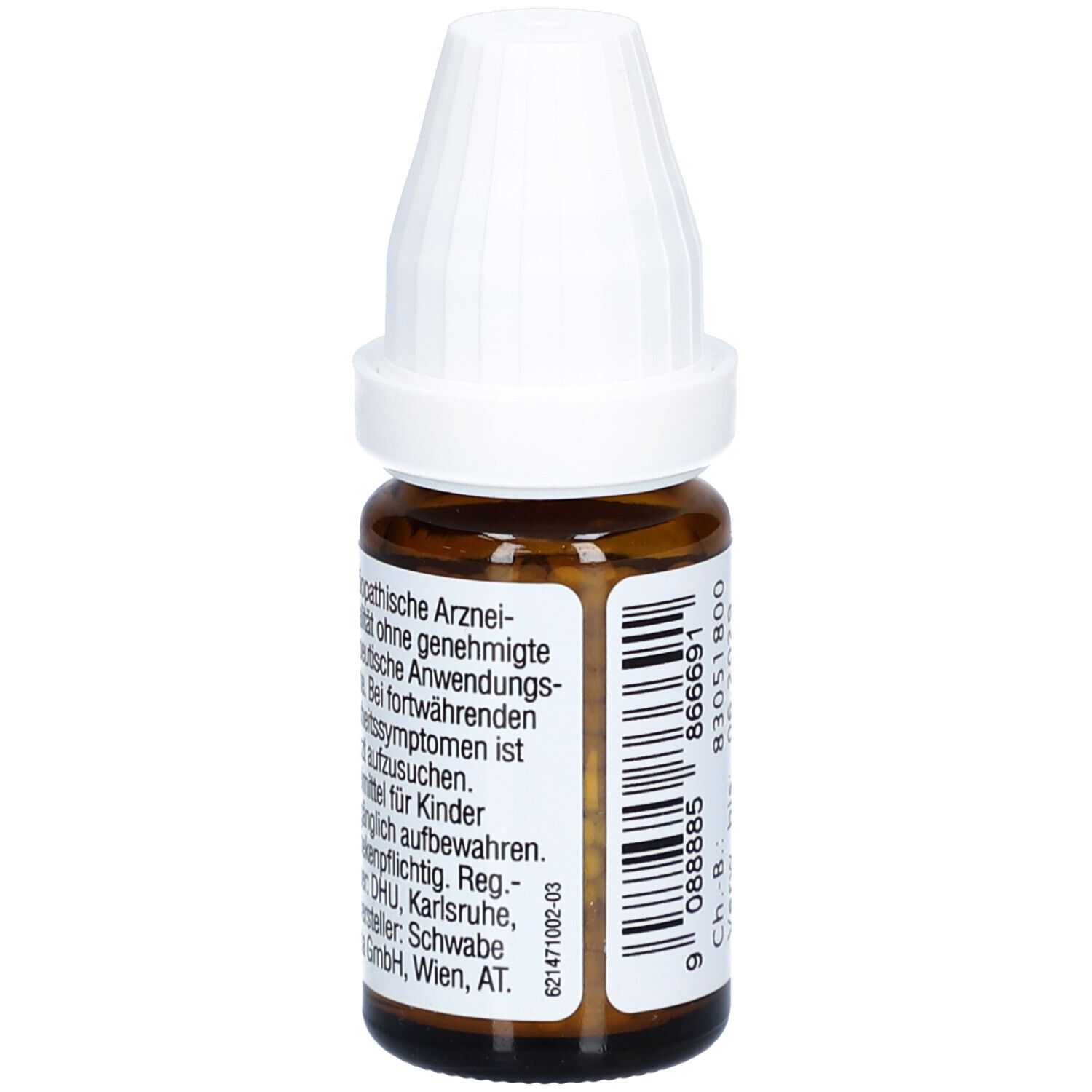 Braune Glasflasche mit weißem Deckel. Etikett mit Text über homöopathische Arzneimittel und weitere Informationen.