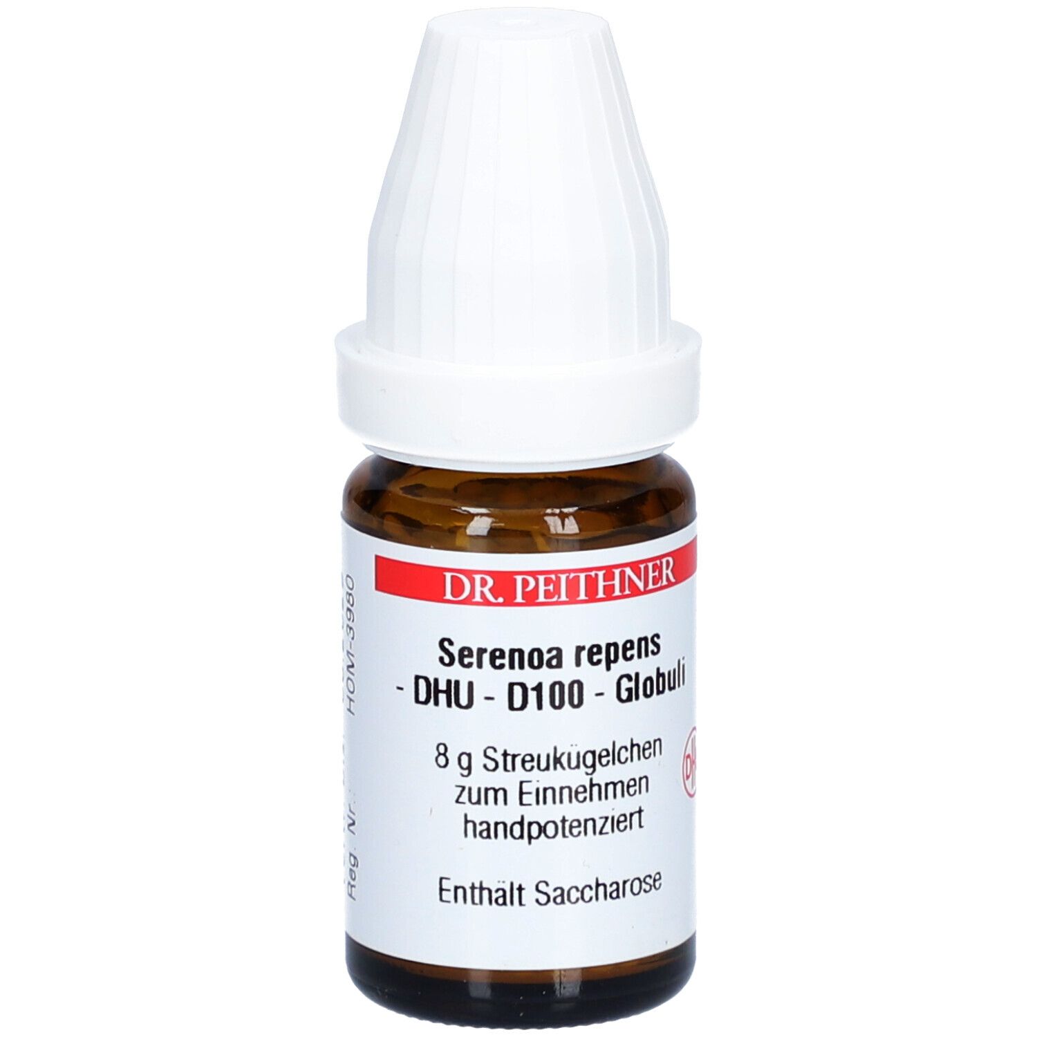 Braune Glasflasche mit weißem Deckel. Etikett mit Produktinformationen: SERENOA REPENS D100 DHU Globuli, 8 g Streukügelchen.