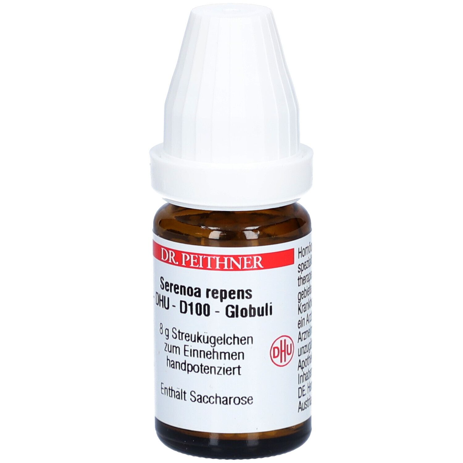 Braune Glasflasche mit weißem Deckel. Etikett mit Produktinformationen: SERENOA REPENS D100 DHU Globuli, 8 g Streukügelchen.
