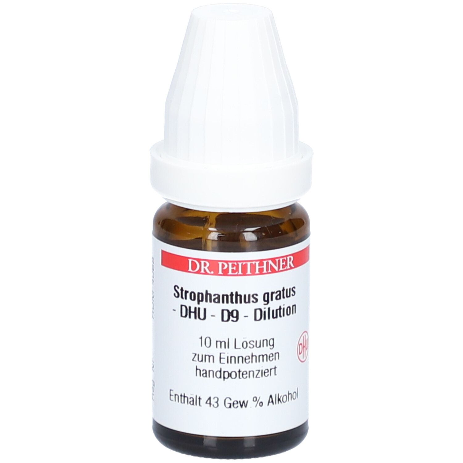Braune Glasflasche mit weißem Verschluss. Etikett mit Produktnamen, DHU-D9-Dilution und weiteren Informationen.
