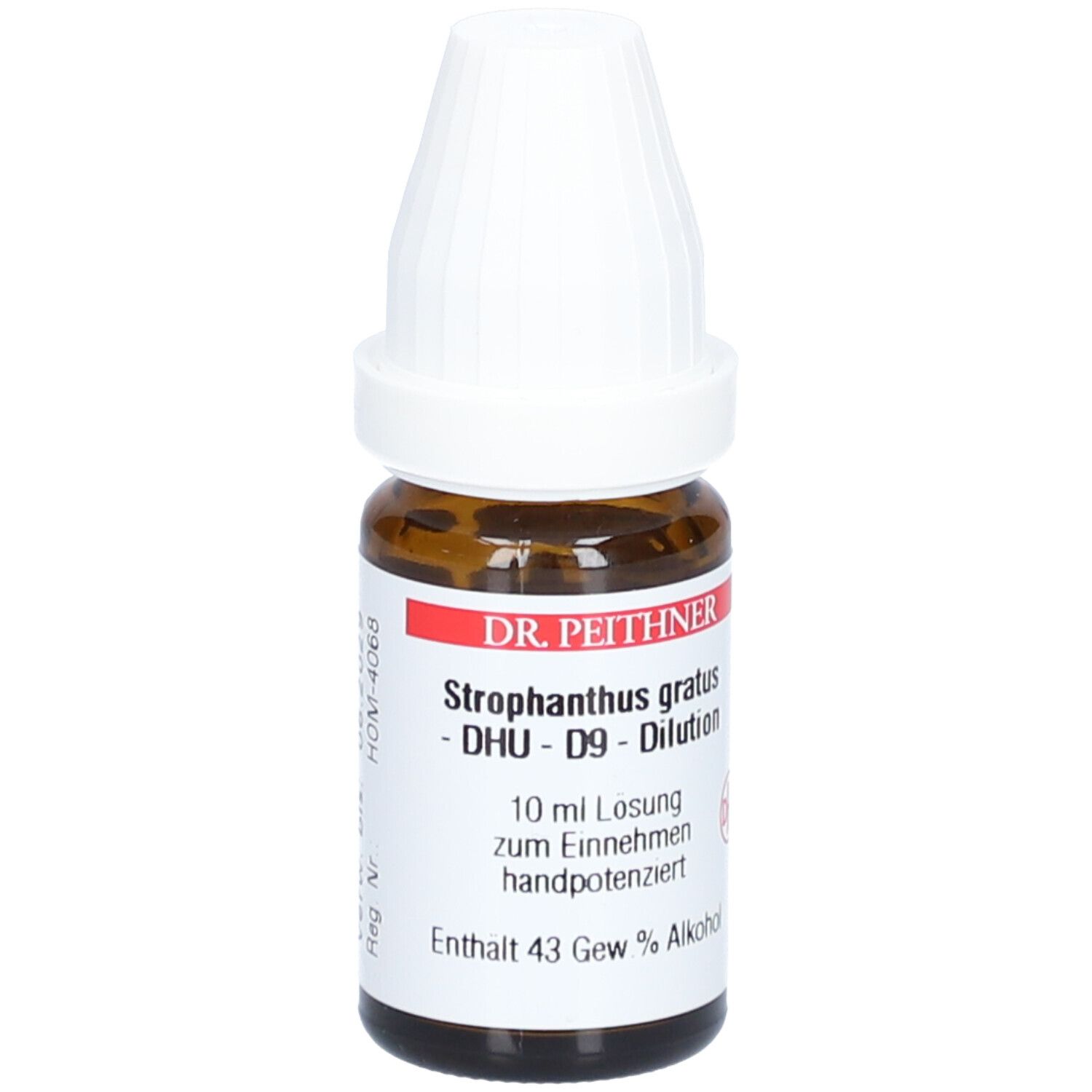 Braune Glasflasche mit weißem Verschluss. Etikett mit Produktnamen, DHU-D9-Dilution und weiteren Informationen.