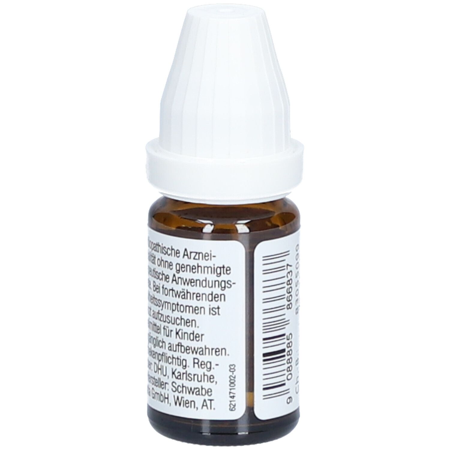 Braune Glasflasche mit weißem Deckel. Etikett mit Text über homöopathische Arzneimittel und Warnhinweisen.