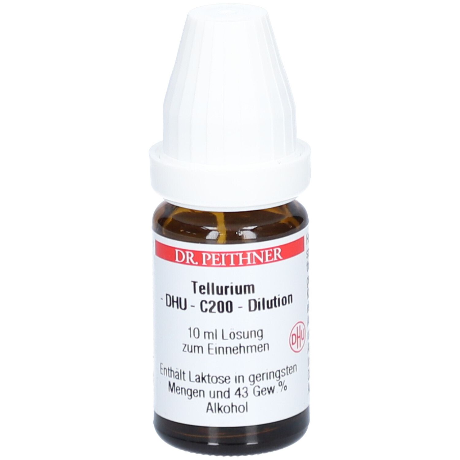 Braune Glasflasche mit weißem Deckel. Etikett mit Produktinformationen. Aufschrift: Tellurium DHU C200 Dilution.