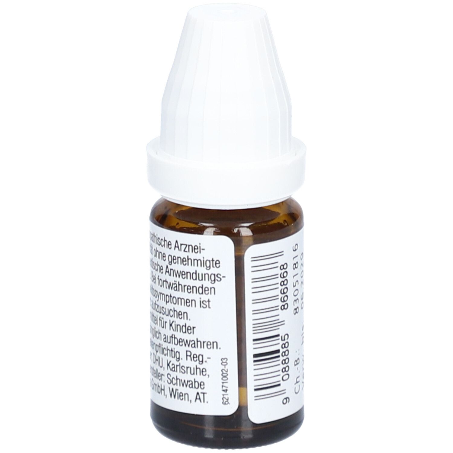 Braune Glasflasche mit weißem Deckel. Etikett mit Text. Aufschrift: Homöopathische Arzneimittel. Barcode. Herstellerinformationen.
