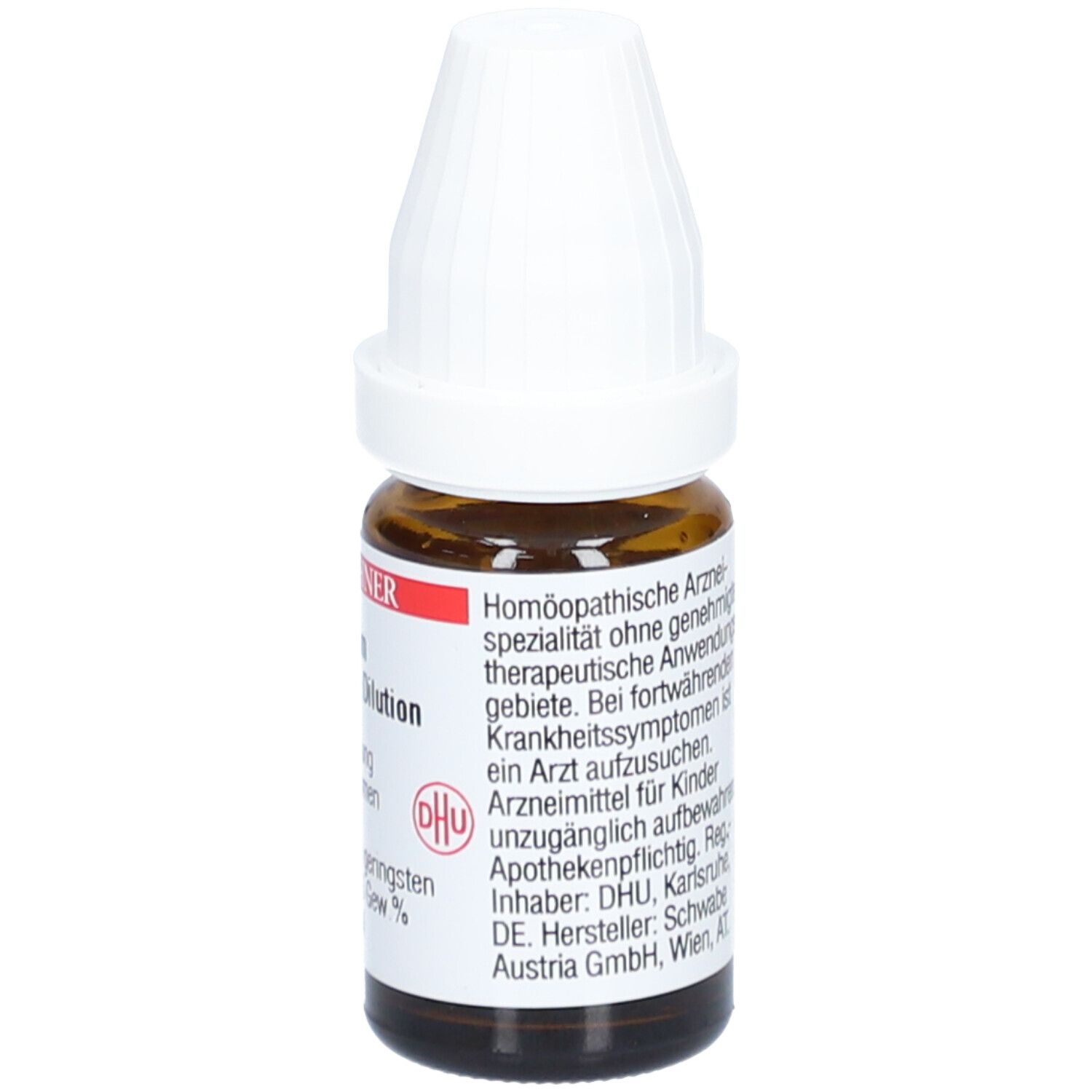 Braune Glasflasche mit weißem Deckel. Etikett mit Text. Aufschrift: Homöopathische Arzneimittel. Herstellerinformationen.