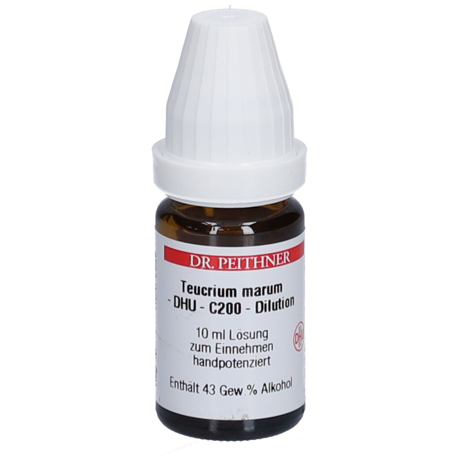 Braune Glasflasche mit weißem Deckel. Etikett mit Produktinformationen: DHU Teucrium marum C200, 10 ml Lösung.