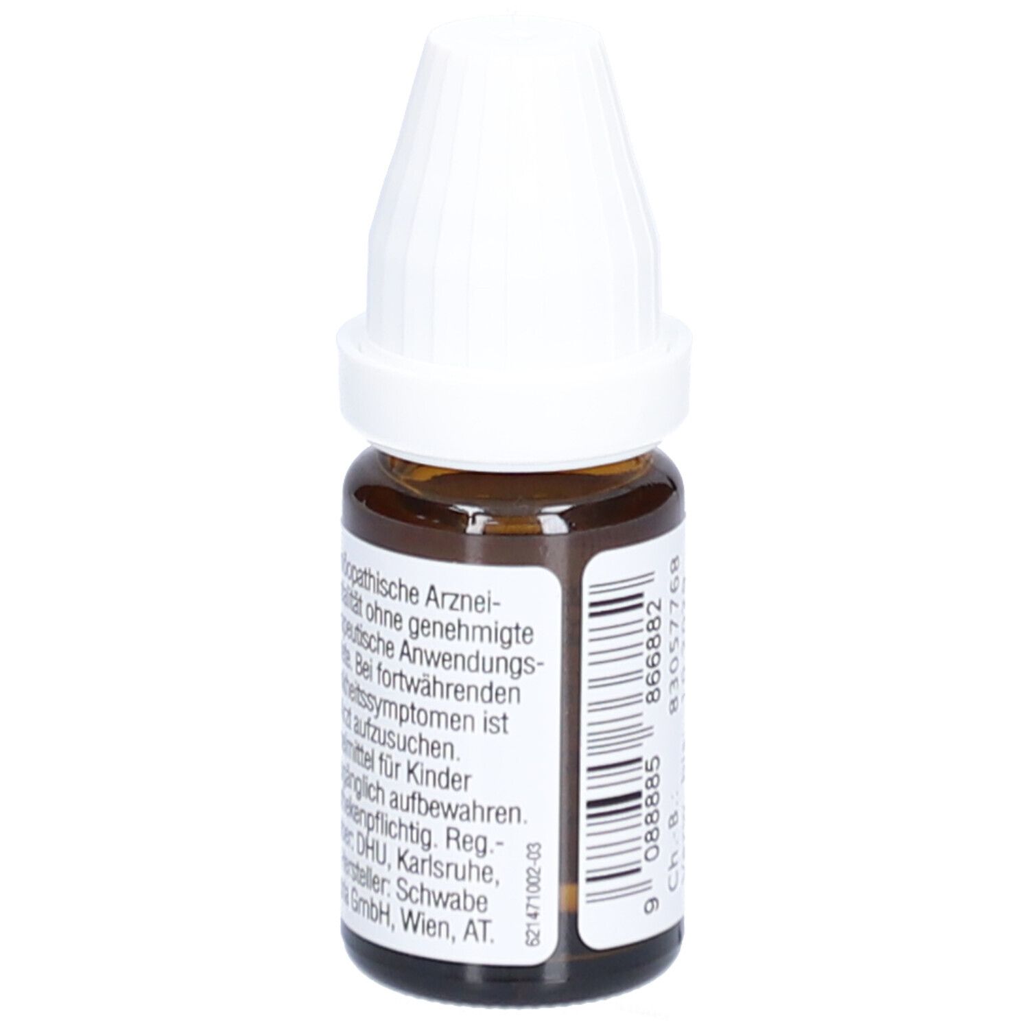 Braune Glasflasche mit weißem Deckel. Etikett mit Text: Homöopathische Arzneimittel, DHU, Karlsruhe.