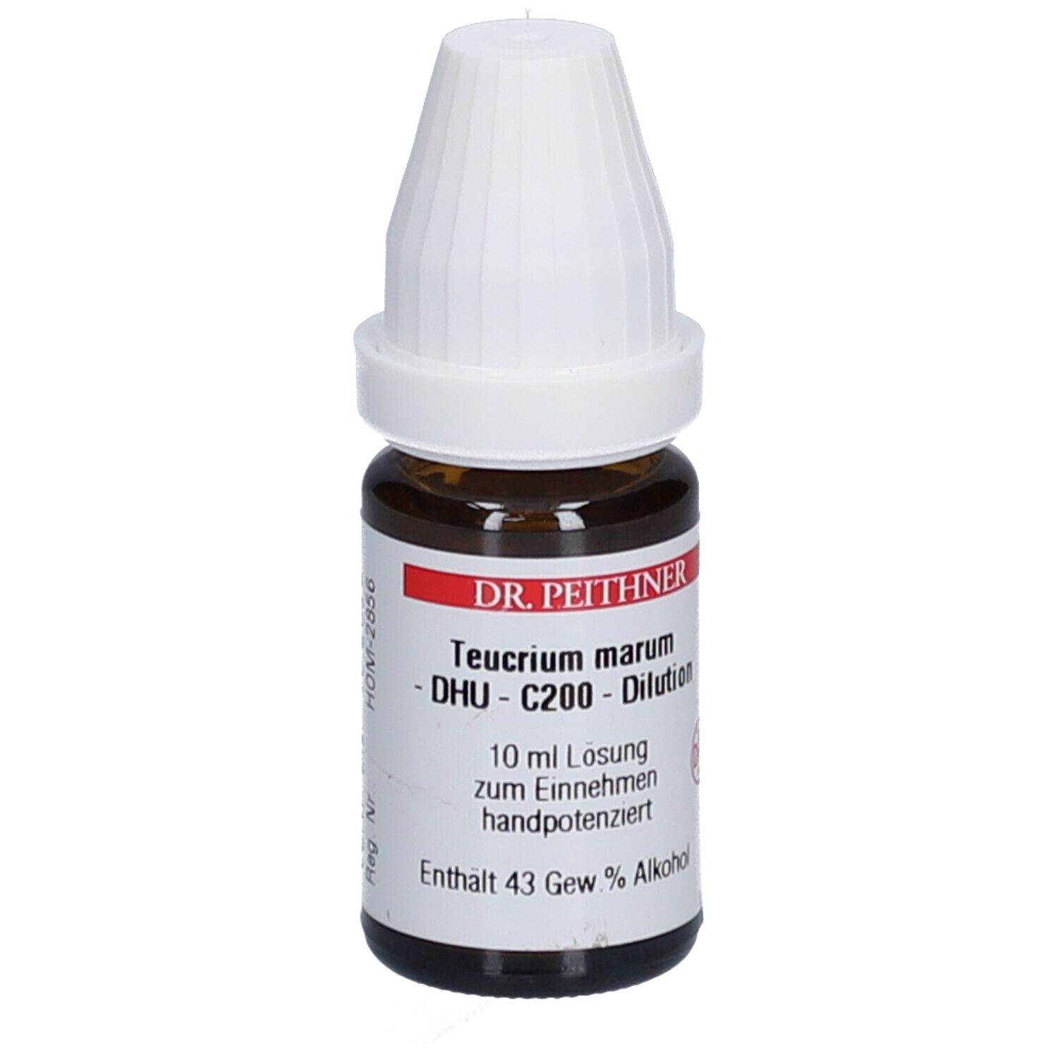 Braune Glasflasche mit weißem Deckel. Etikett mit Produktinformationen: DHU Teucrium marum C200, 10 ml Lösung.