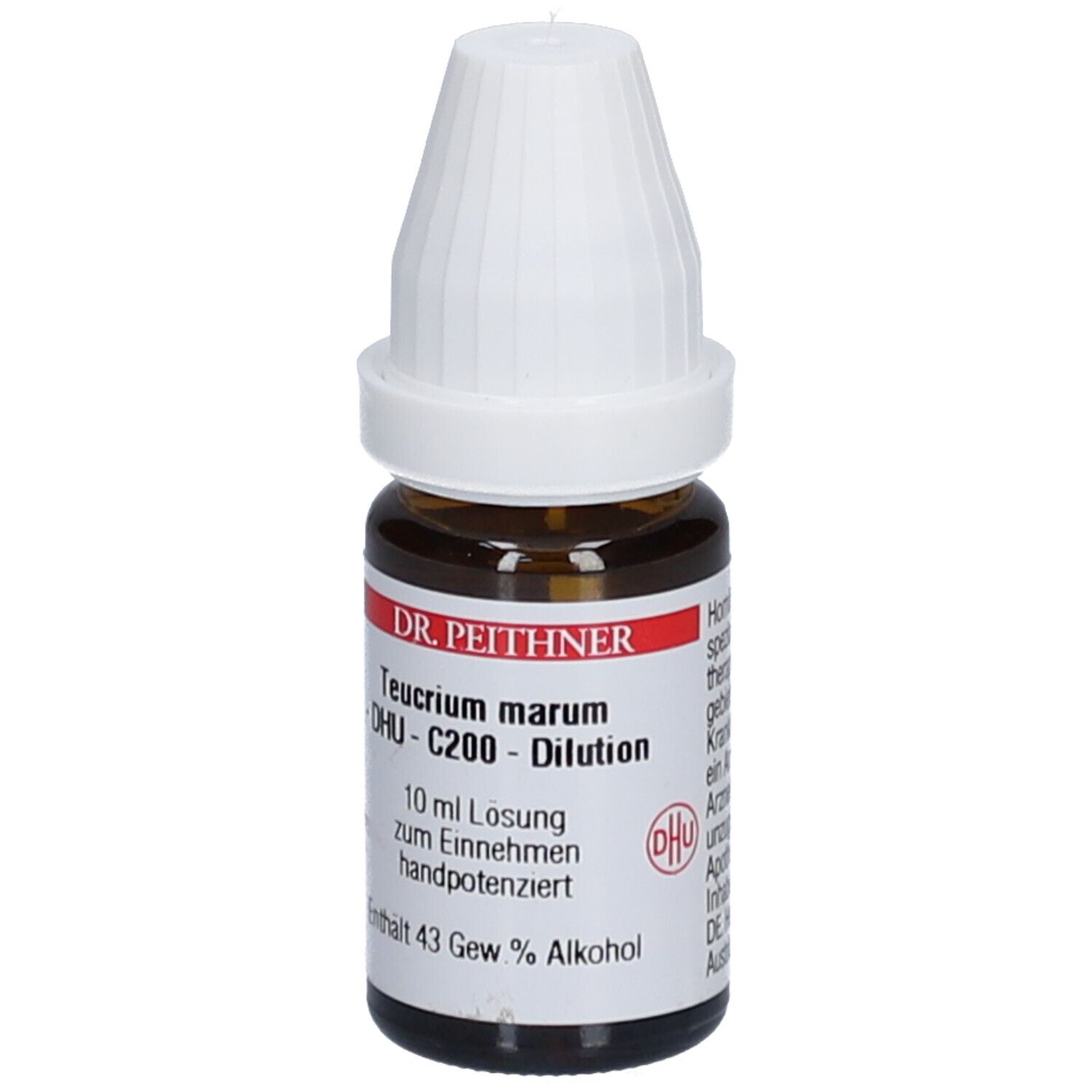 Braune Glasflasche mit weißem Deckel. Etikett mit Produktinformationen: DHU Teucrium marum C200, 10 ml Lösung.