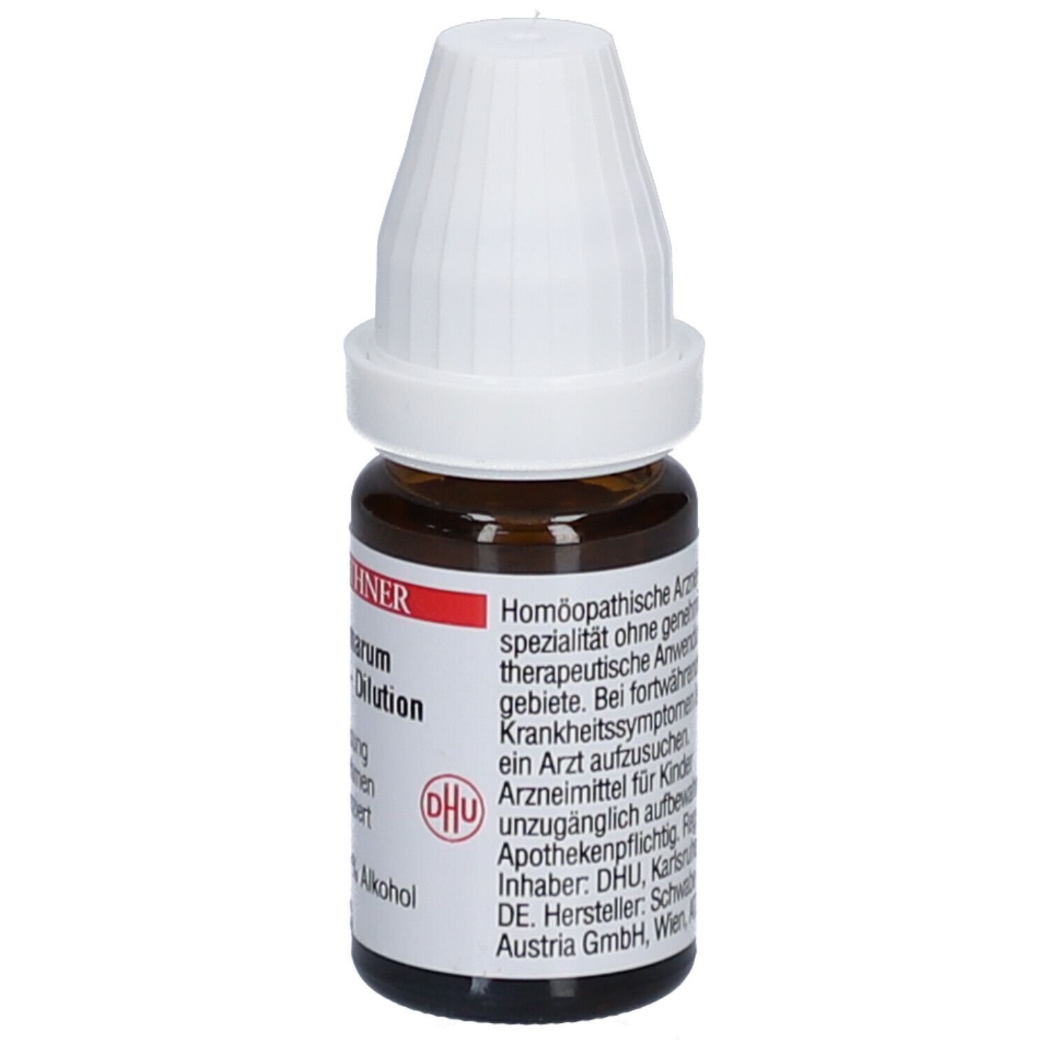 Braune Glasflasche mit weißem Deckel. Etikett mit Text: Homöopathische Arzneimittel, DHU, Karlsruhe.