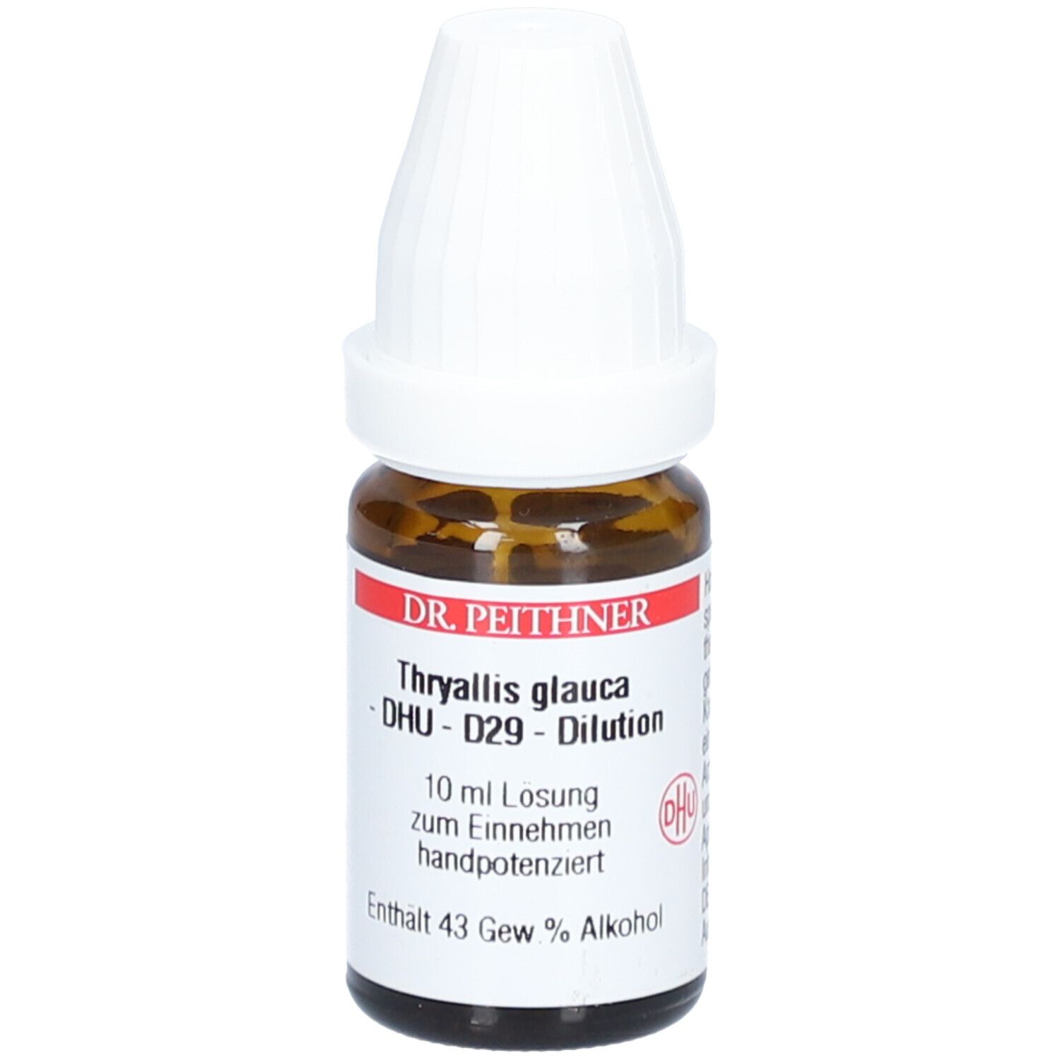 Braune Glasflasche mit weißem Verschluss. Etikett mit Produktnamen, DHU-Logo und Inhaltsangaben. Enthält 43 Gew.% Alkohol.