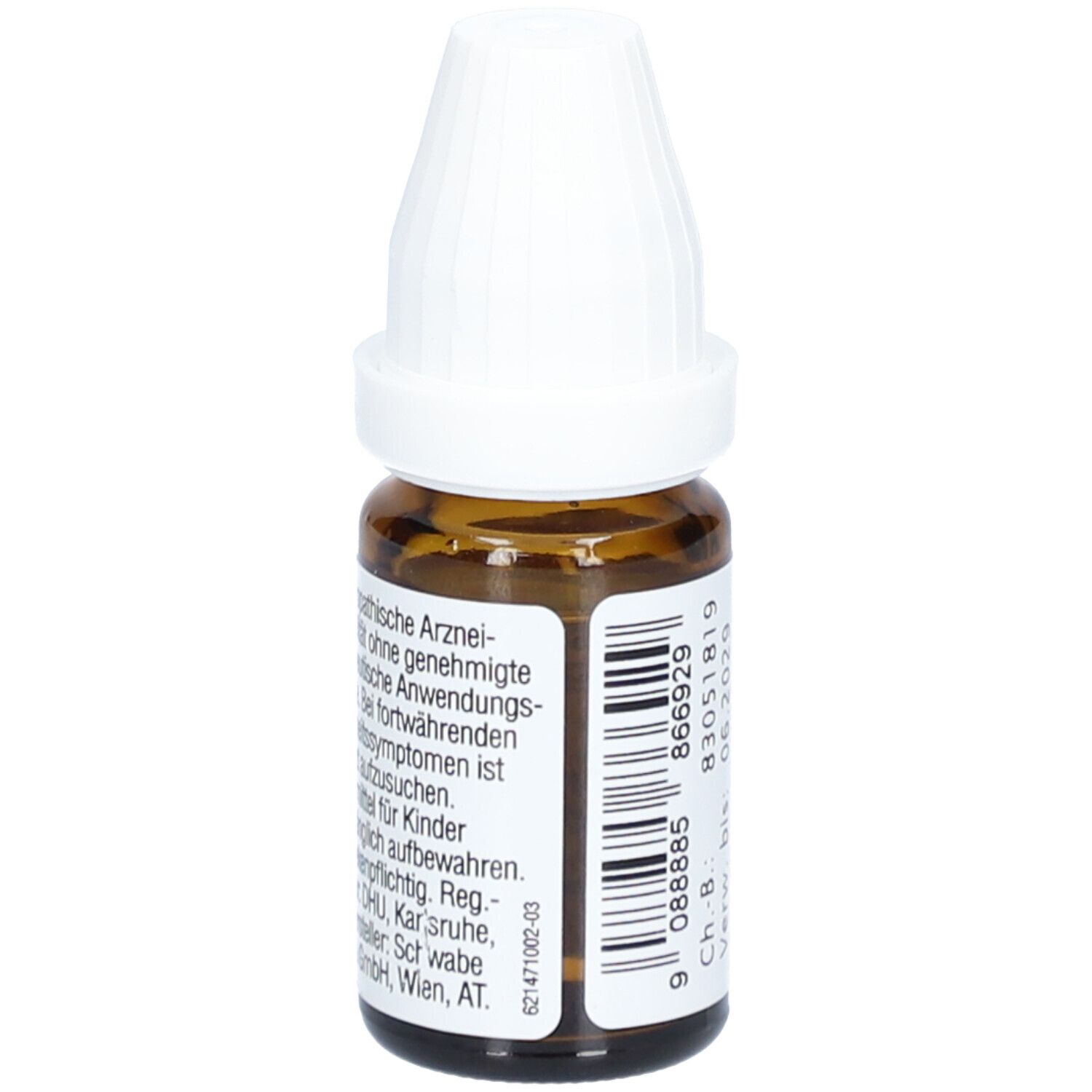 Braune Glasflasche mit weißem Verschluss. Etikett mit Text über homöopathische Arzneimittel. DHU-Logo und Herstellerangaben.