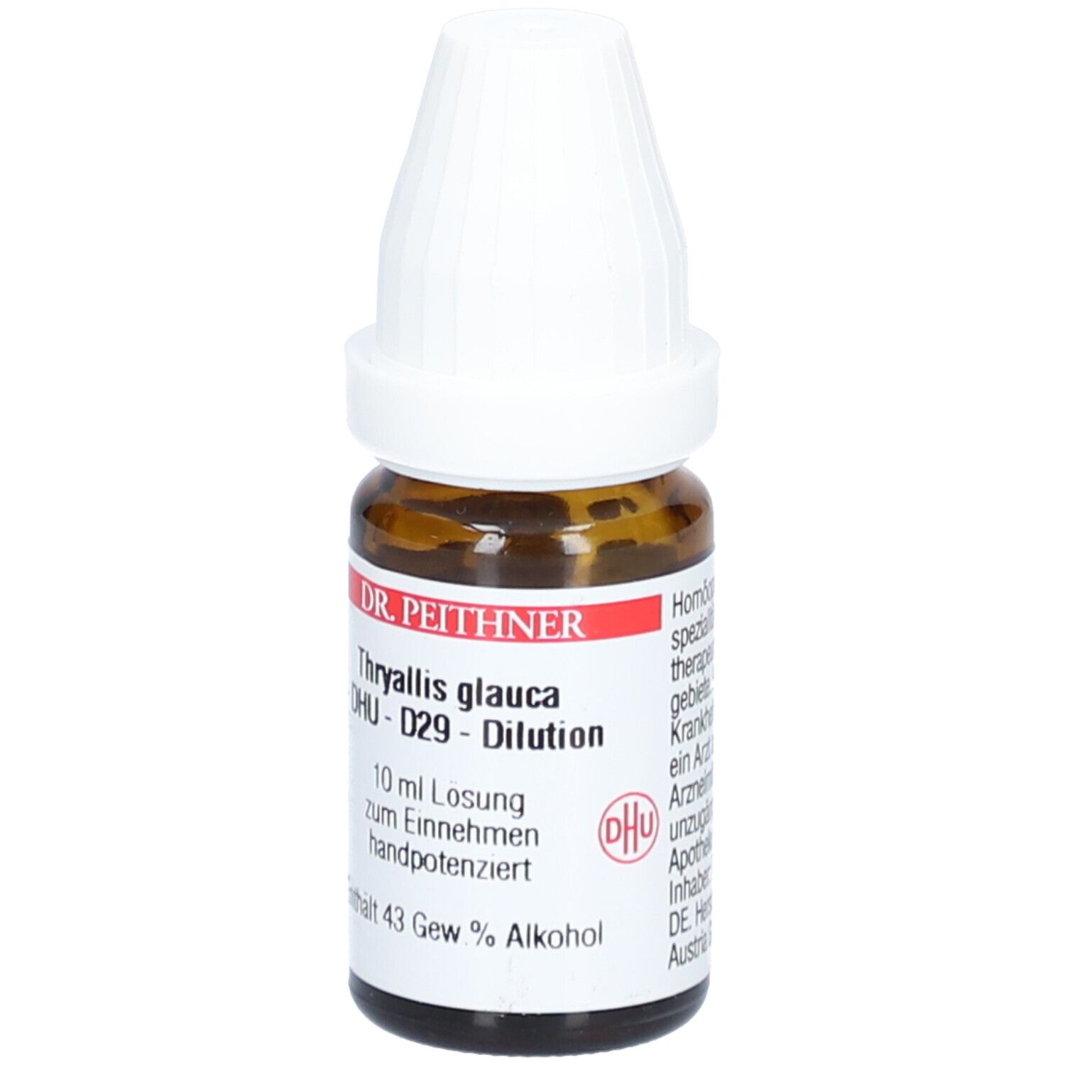 Braune Glasflasche mit weißem Verschluss. Etikett mit Produktnamen, DHU-Logo und Inhaltsangaben. Enthält 43 Gew.% Alkohol.