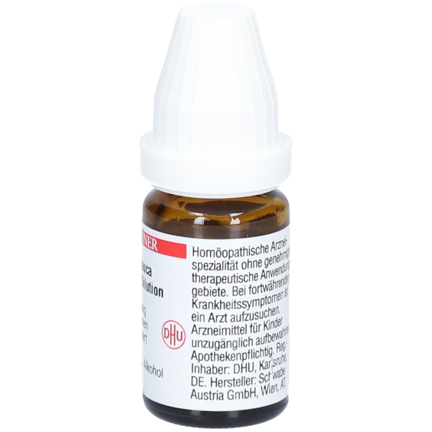 Braune Glasflasche mit weißem Verschluss. Etikett mit Text über homöopathische Arzneimittel. DHU-Logo und Herstellerangaben.