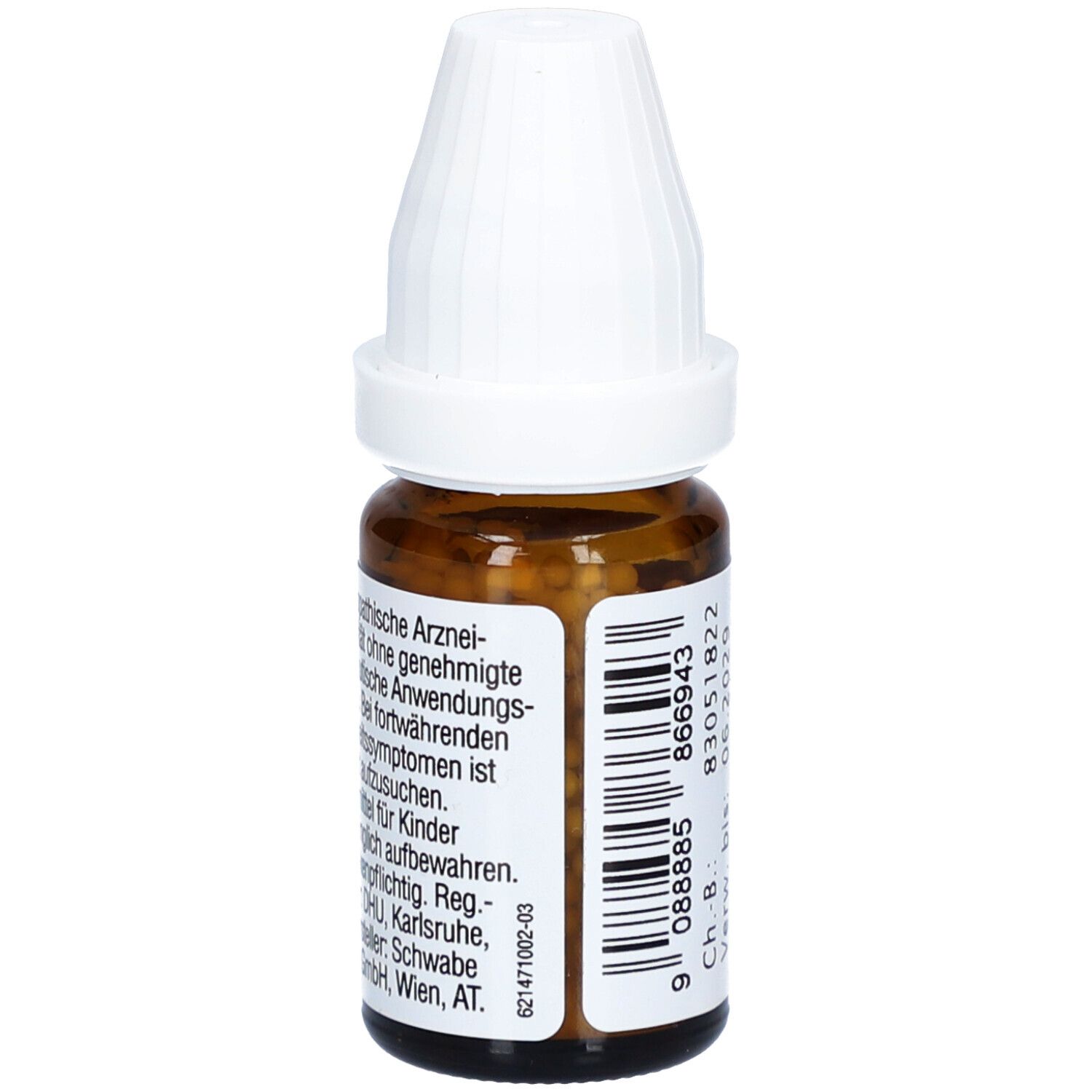 Braune Glasflasche mit weißem Deckel. Etikett mit Produktinformationen und Barcode. Text: Arzneimittel für Kinder.