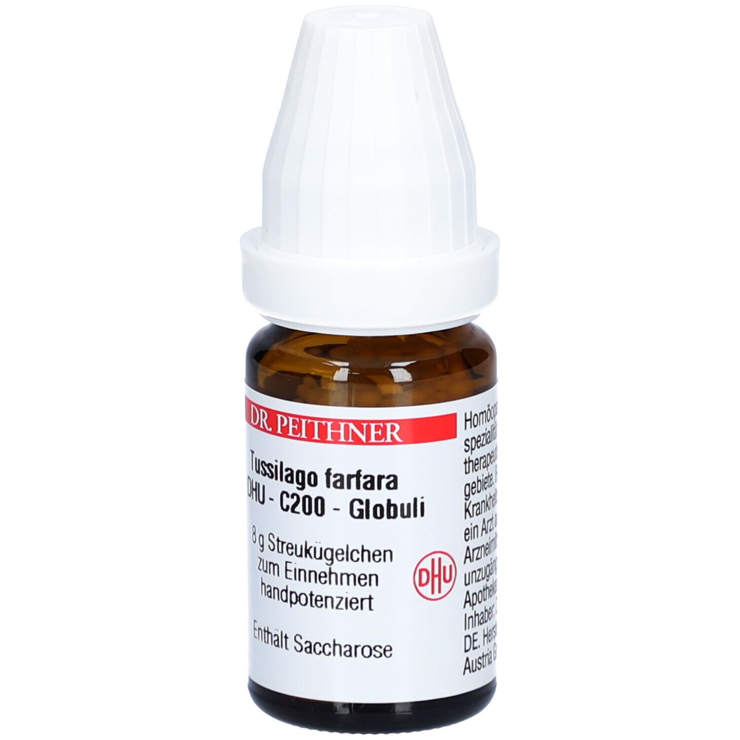 Braune Glasflasche mit weißem Deckel. Etikett mit Produktinformationen: Tussilago farfara C200 DHU Globuli. Dhu-Logo.