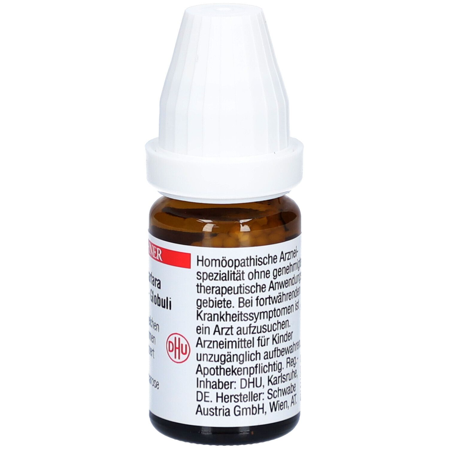 Braune Glasflasche mit weißem Deckel. Etikett mit Produktinformationen und Dhu-Logo. Text: Homöopathische Arzneimittel.