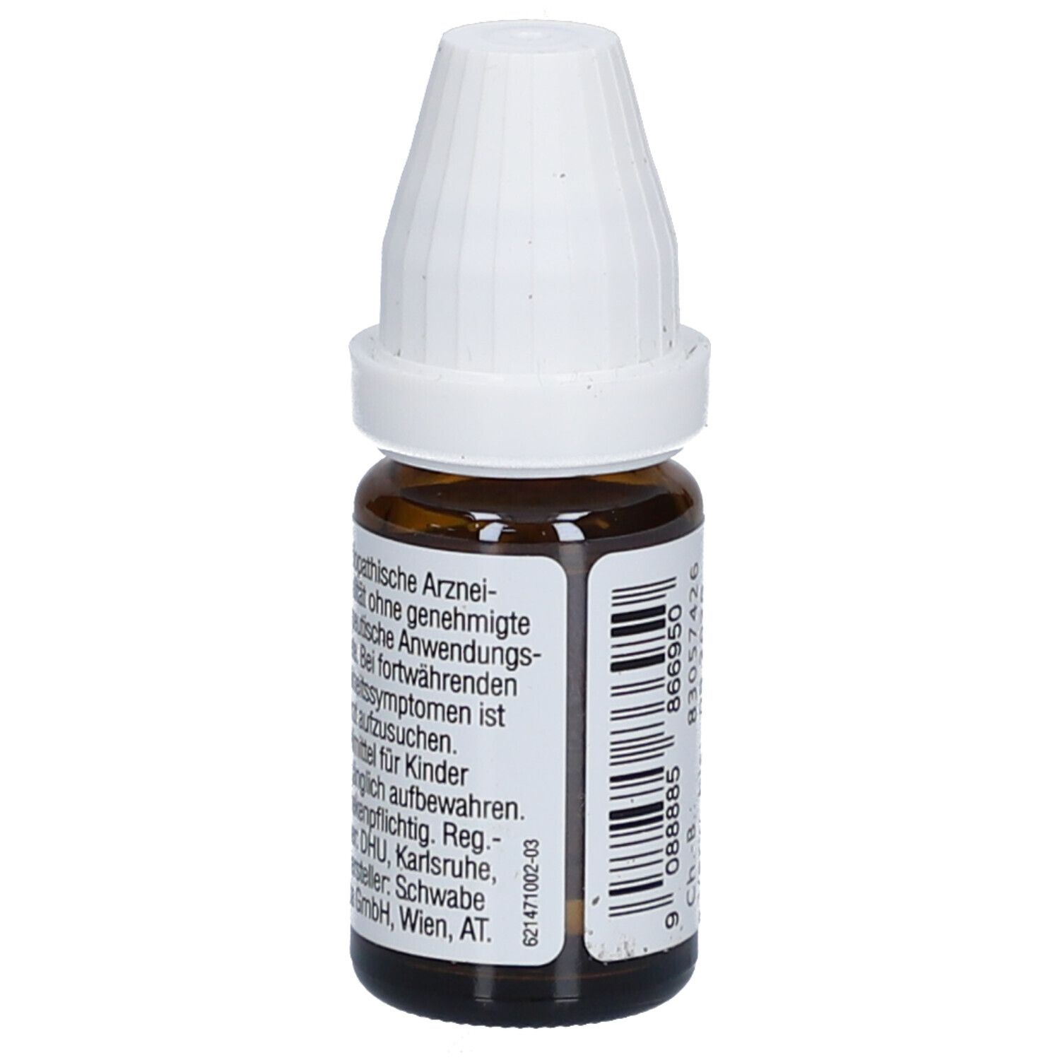 Braune Glasflasche mit weißem Deckel. Etikett mit Text über homöopathische Arzneimittel.