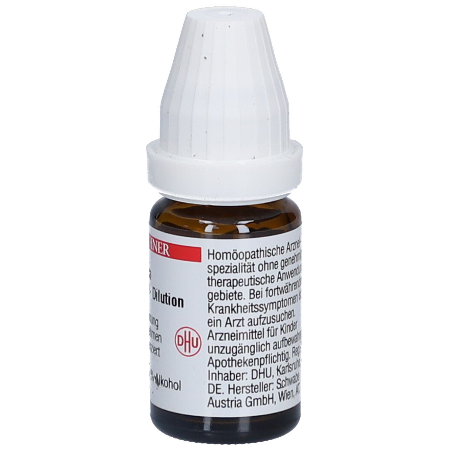 Braune Glasflasche mit weißem Deckel. Etikett mit Text über homöopathische Arzneimittel und DHU-Logo.