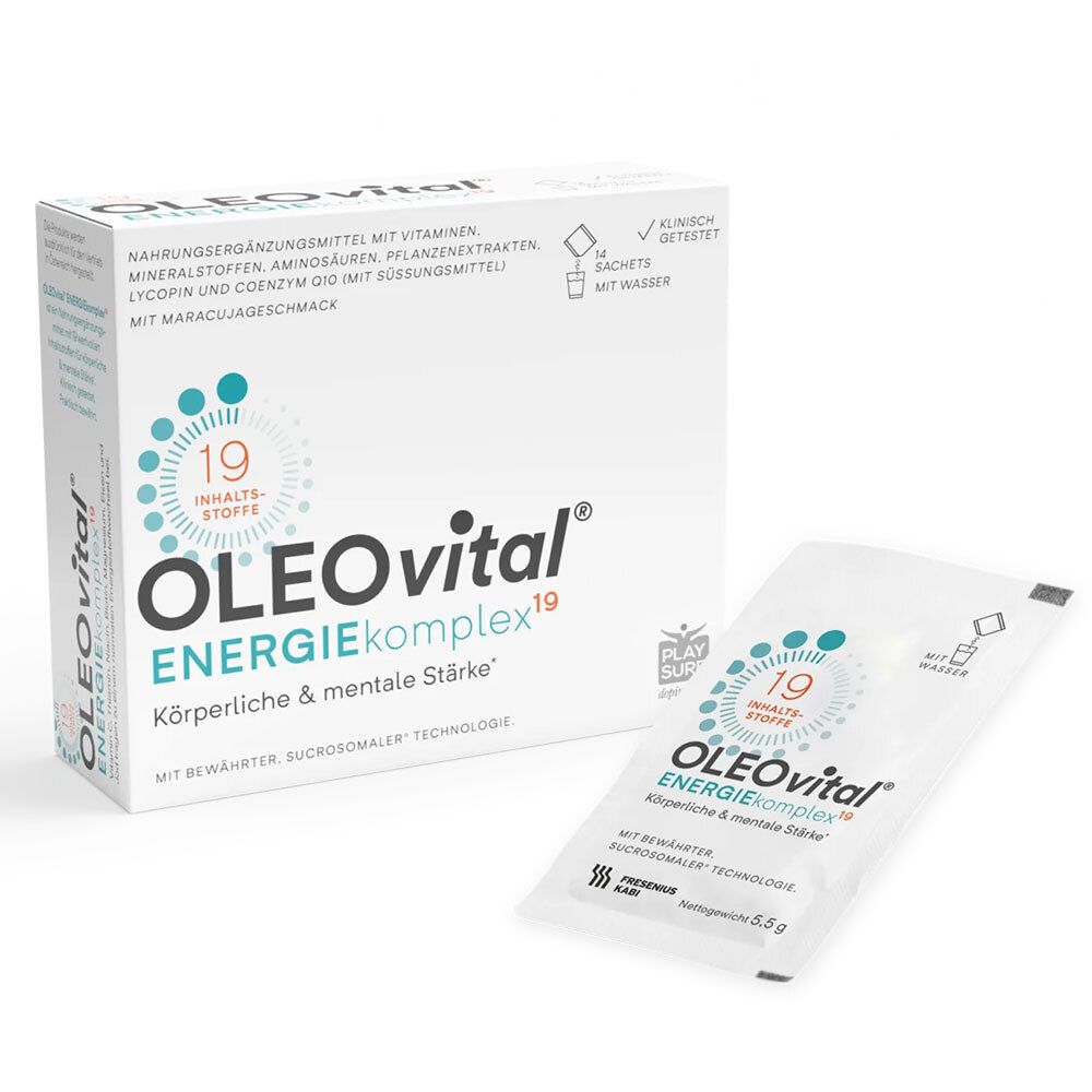 Verpackung von OLEOvital® ENERGIEkomplex19. Enthält 14 Sachets. Ein Sachet liegt daneben.