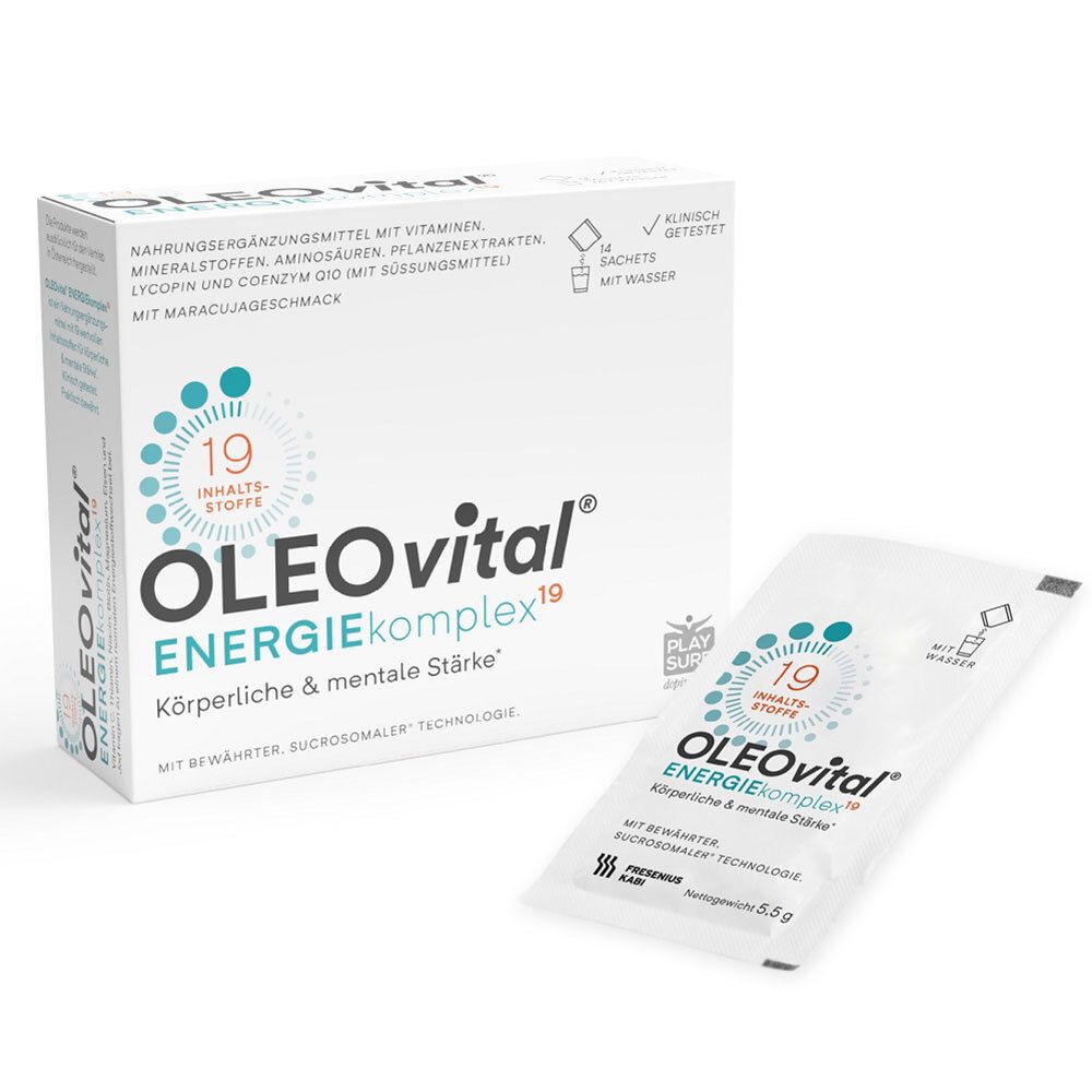 Verpackung von OLEOvital® ENERGIEkomplex19. Enthält 14 Sachets. Ein Sachet liegt daneben.