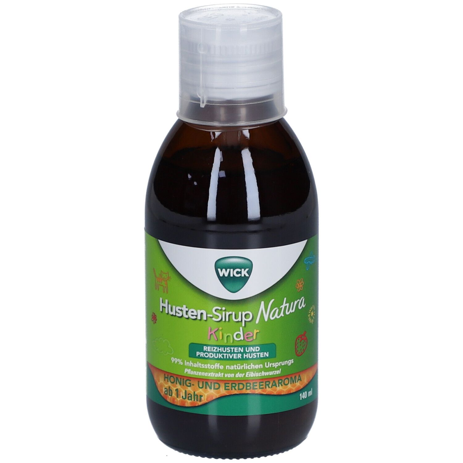Braune Flasche mit weißem Deckel. Etikett mit "WICK Husten-Sirup Natura Kinder". Honig- und Erdbeeraroma. Ab 1 Jahr.
