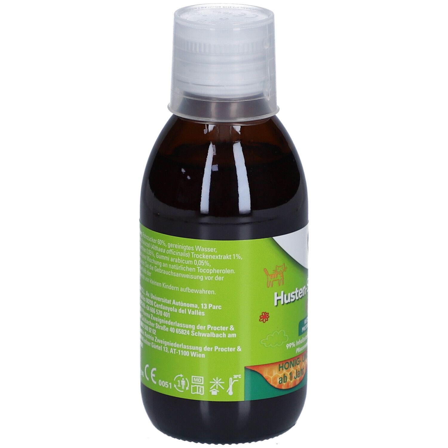 Braune Flasche mit weißem Deckel. Etikett mit Informationen. "WICK Husten-Sirup Natura Kinder". CE-Kennzeichnung.