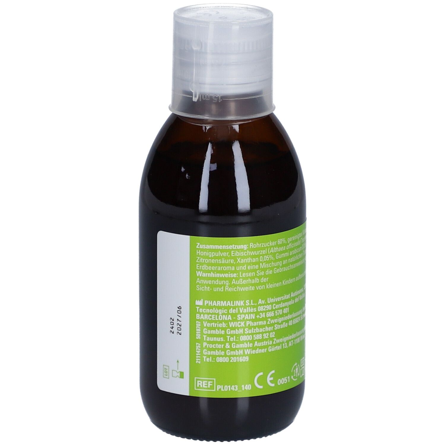 Braune Flasche mit weißem Deckel. Rückseite mit Informationen. CE-Kennzeichnung. Produktionsdatum 2402/2027/06.