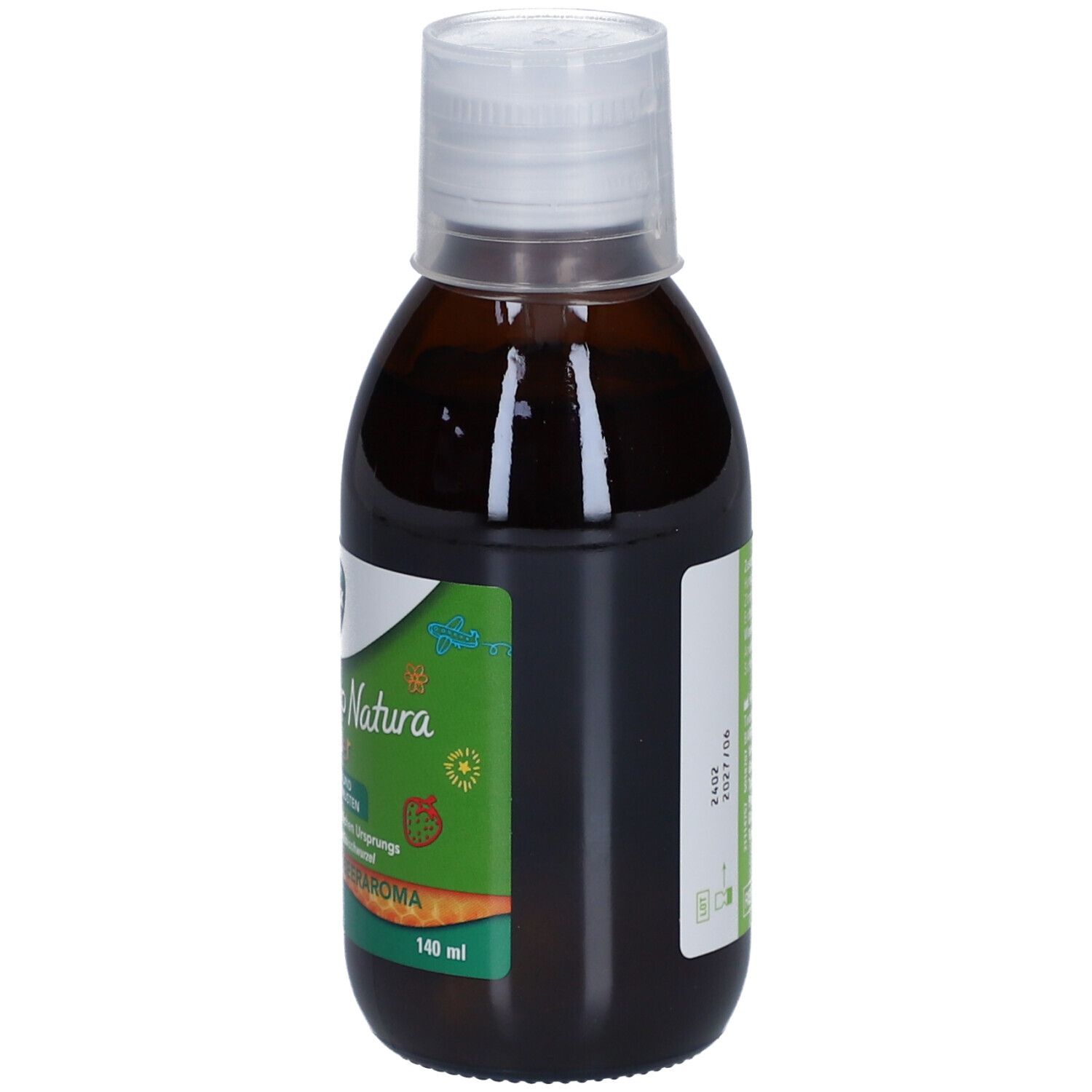 Braune Flasche mit weißem Deckel. Etikett mit "WICK Husten-Sirup Natura Kinder". Honig- und Erdbeeraroma. 140 ml.