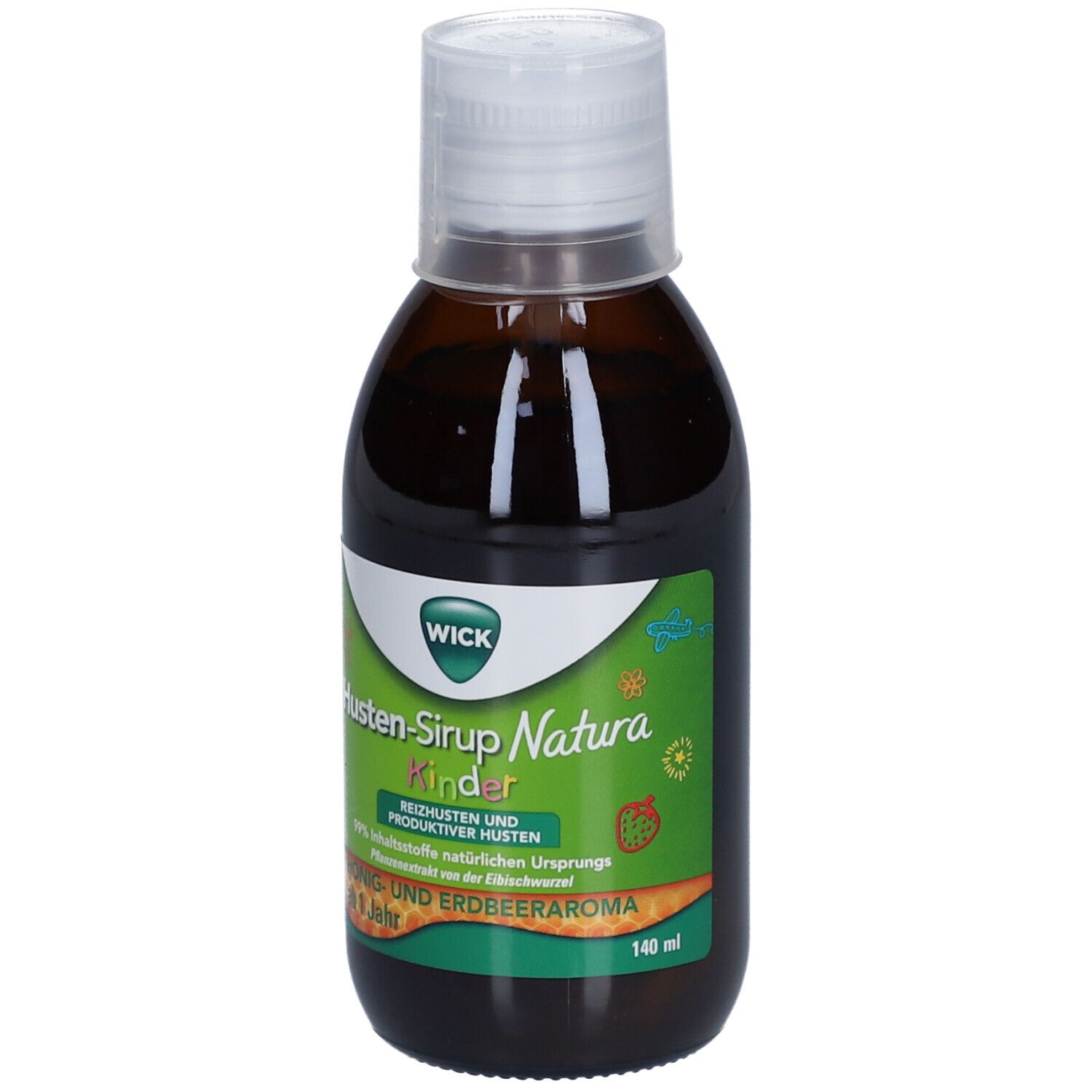 Braune Flasche mit weißem Deckel. Etikett mit "WICK Husten-Sirup Natura Kinder". Honig- und Erdbeeraroma. Ab 1 Jahr.