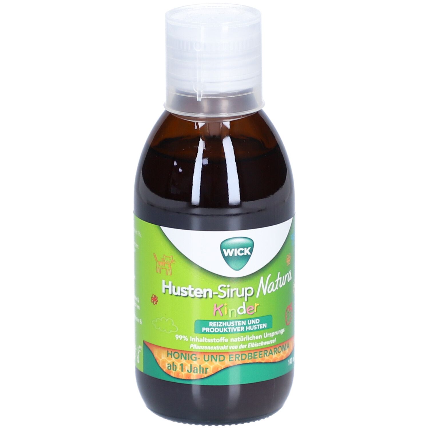Braune Flasche mit weißem Deckel. Etikett mit "WICK Husten-Sirup Natura Kinder". Honig- und Erdbeeraroma. Ab 1 Jahr.