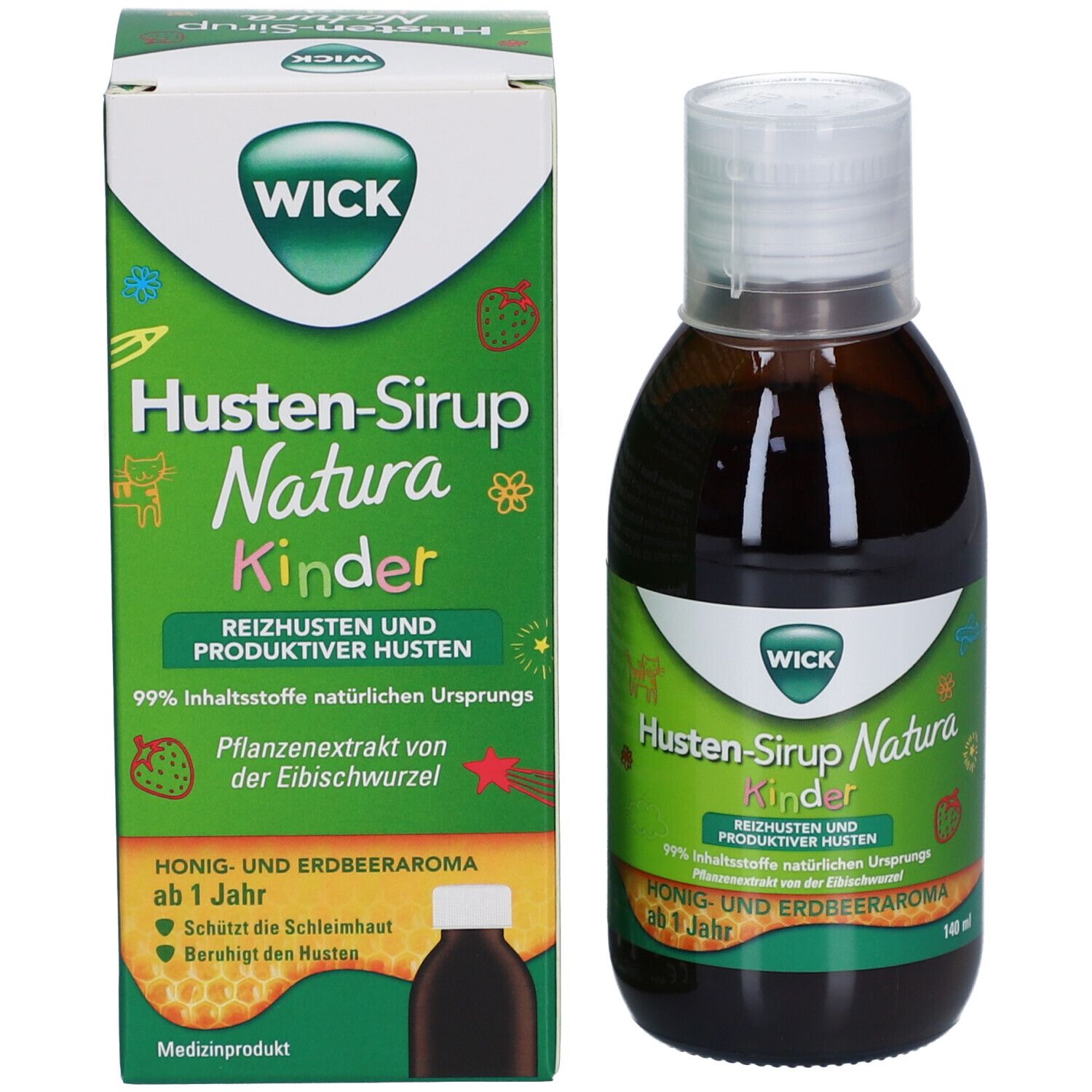 Produktverpackung und Flasche. "WICK Husten-Sirup Natura Kinder". Honig- und Erdbeeraroma. Ab 1 Jahr. Medizinprodukt.