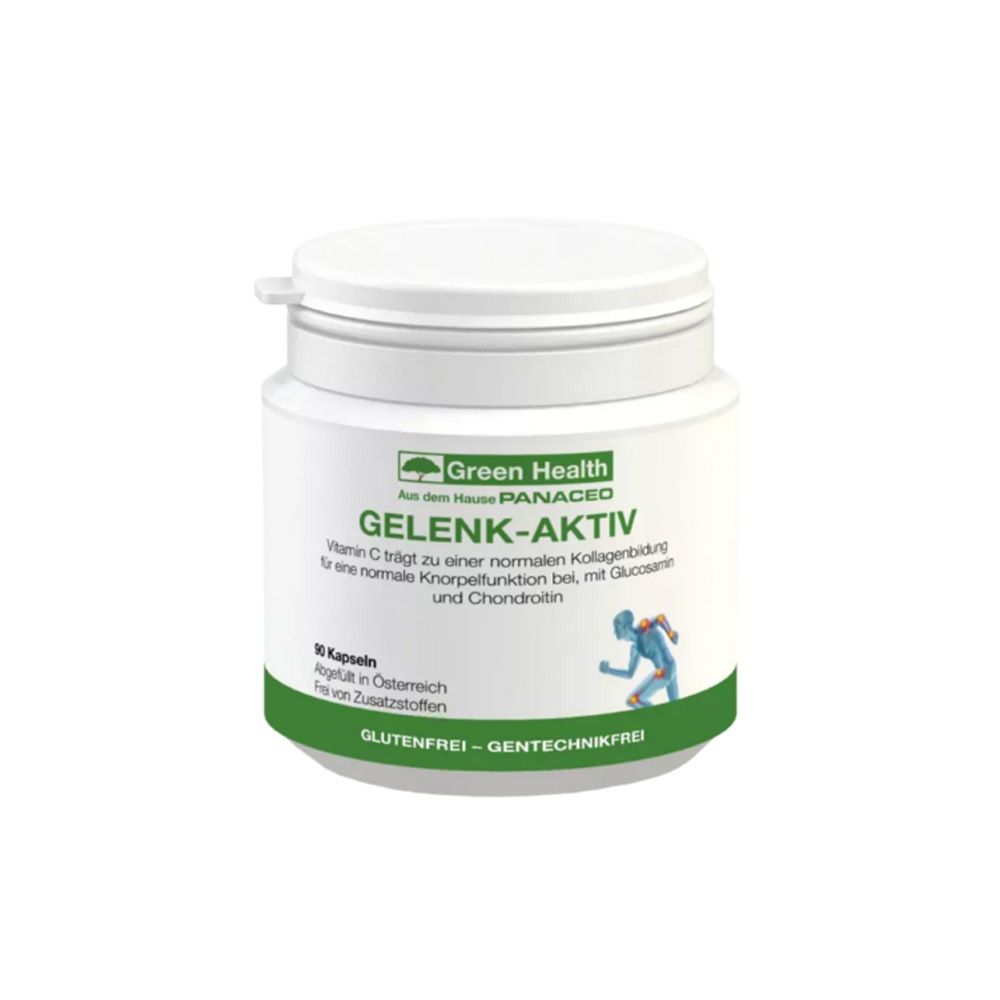 Weißes, zylindrisches Produktgehäuse mit grünem Etikett. Aufschrift: Green Health GELENK-AKTIV. 90 Kapseln.