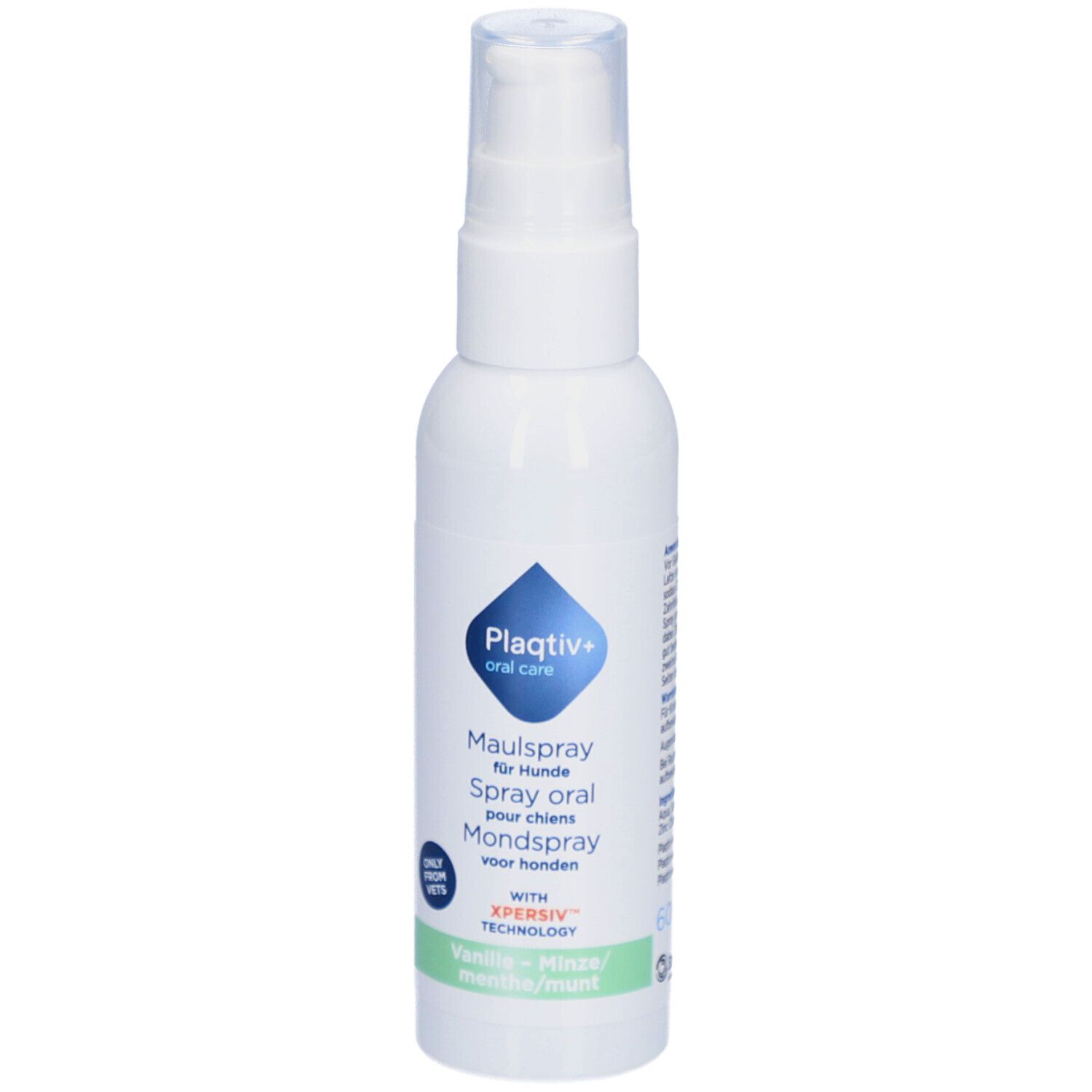Weiße Sprühflasche mit blauem Logo. Text: Maulspray für Hunde, Vanille-Minze. Mit Sprühkopf.