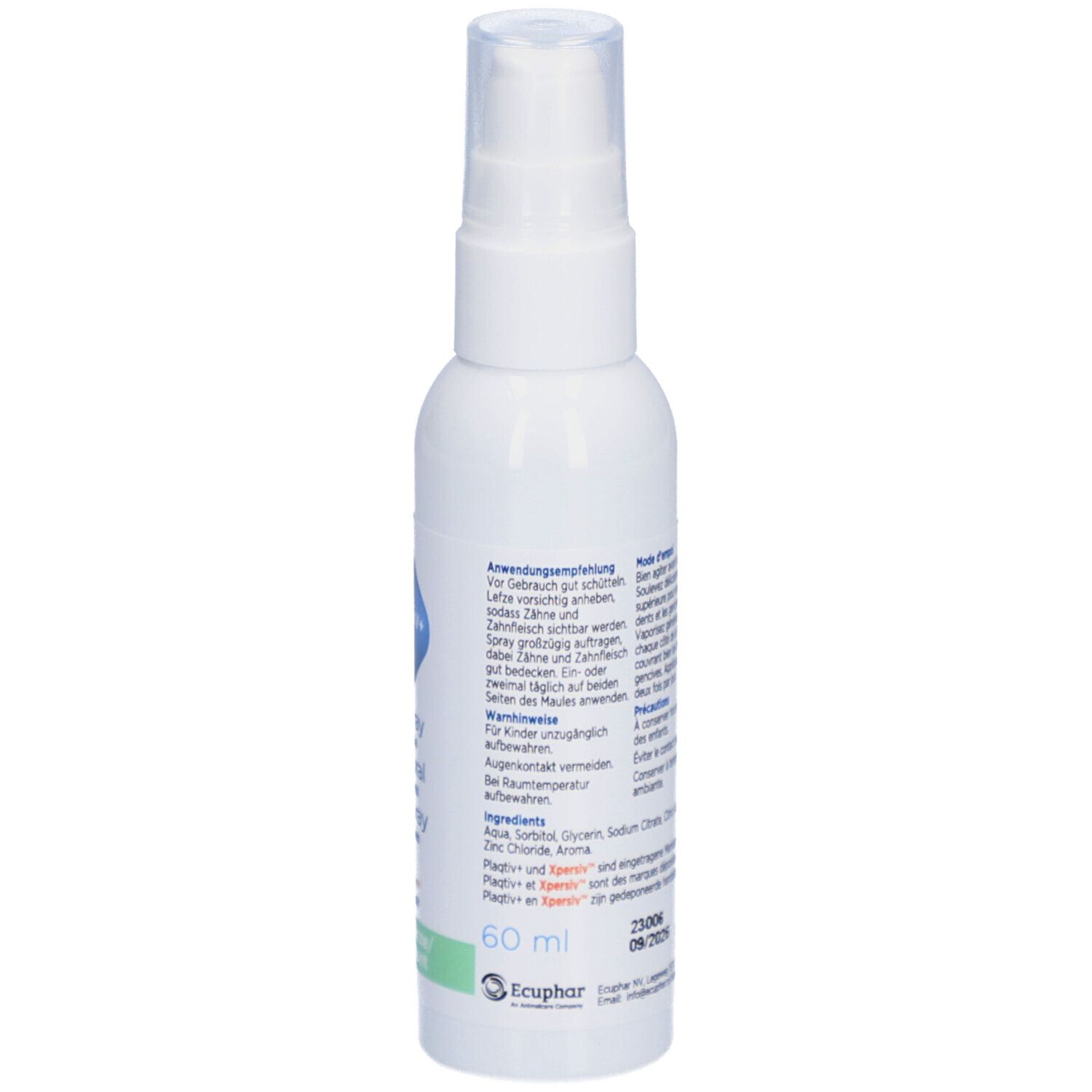 Rückseite der weißen Sprühflasche. Text: Anwendungsempfehlung, Inhaltsstoffe, 60 ml, QR-Code.