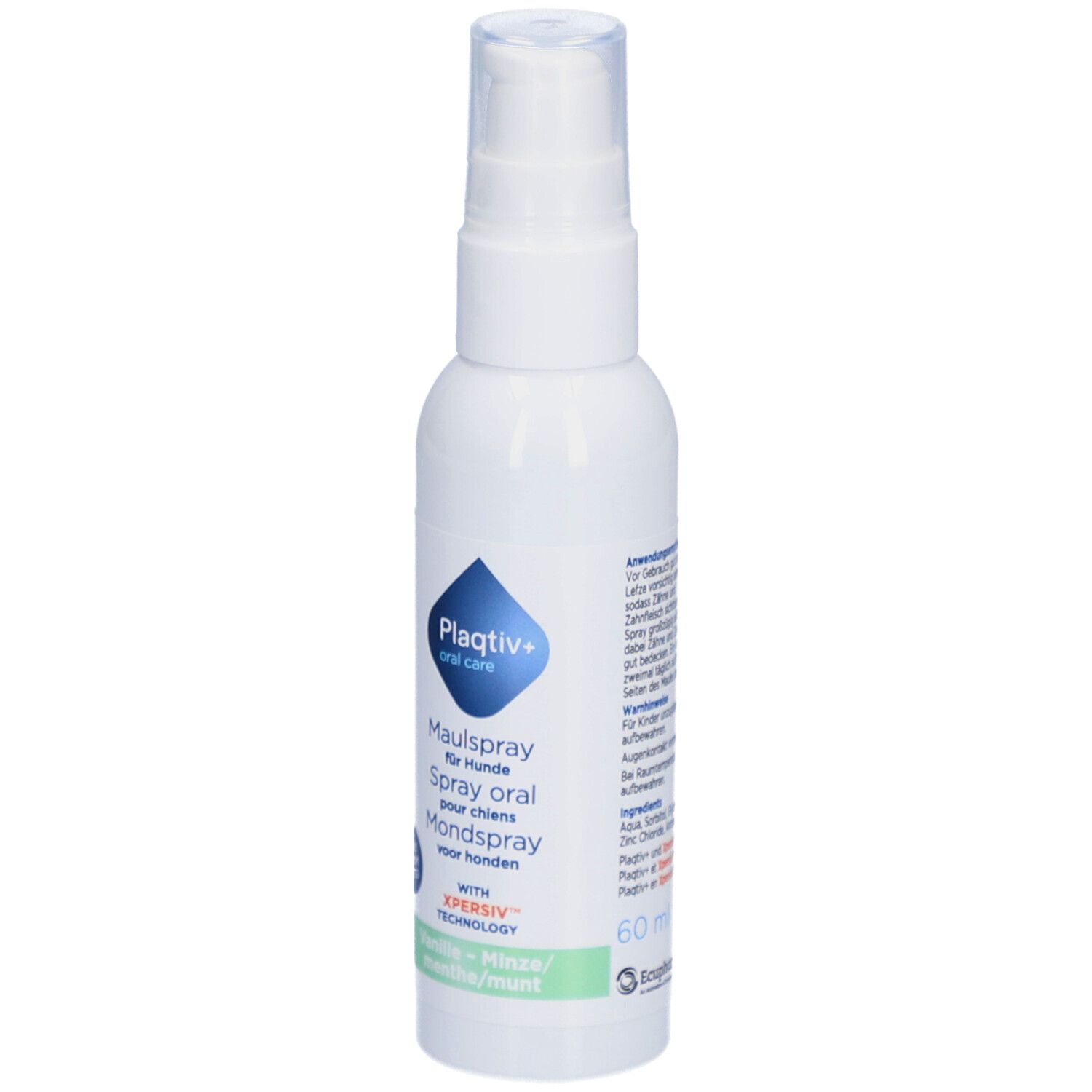 Weiße Sprühflasche mit blauem Logo. Text: Maulspray für Hunde, Vanille-Minze. Mit Sprühkopf.