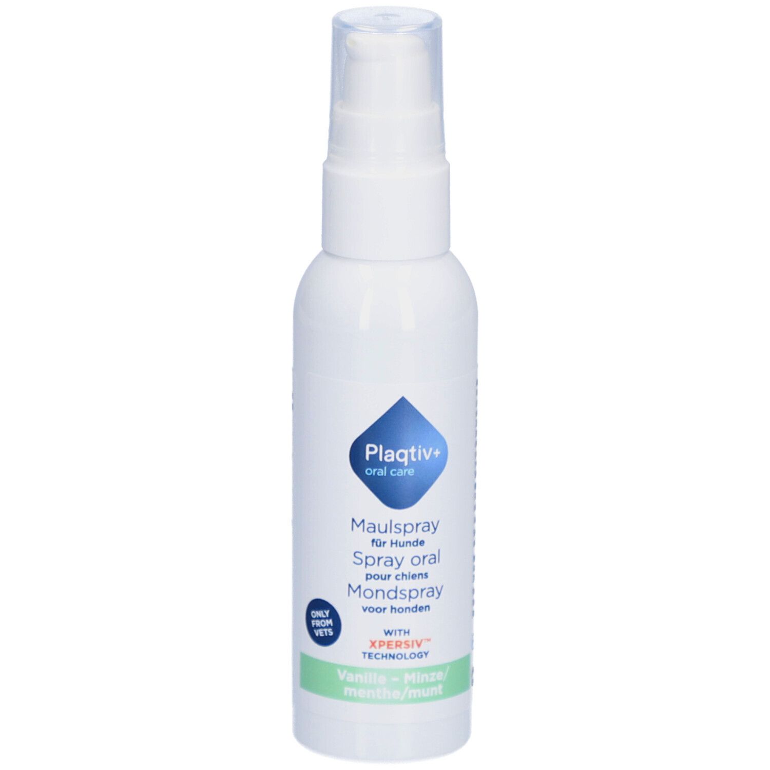 Weiße Sprühflasche mit blauem Logo. Text: Maulspray für Hunde, Vanille-Minze. Mit Sprühkopf.