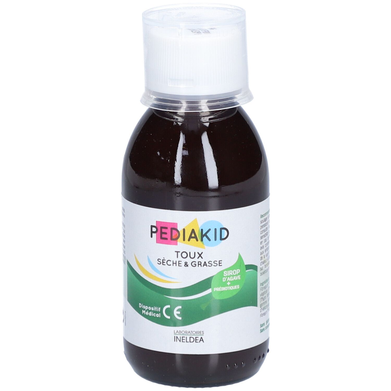 Braune Flüssigkeit in einer Flasche mit weißem Deckel. Aufschrift: Pediakid Hustensirup, CE-Zeichen.