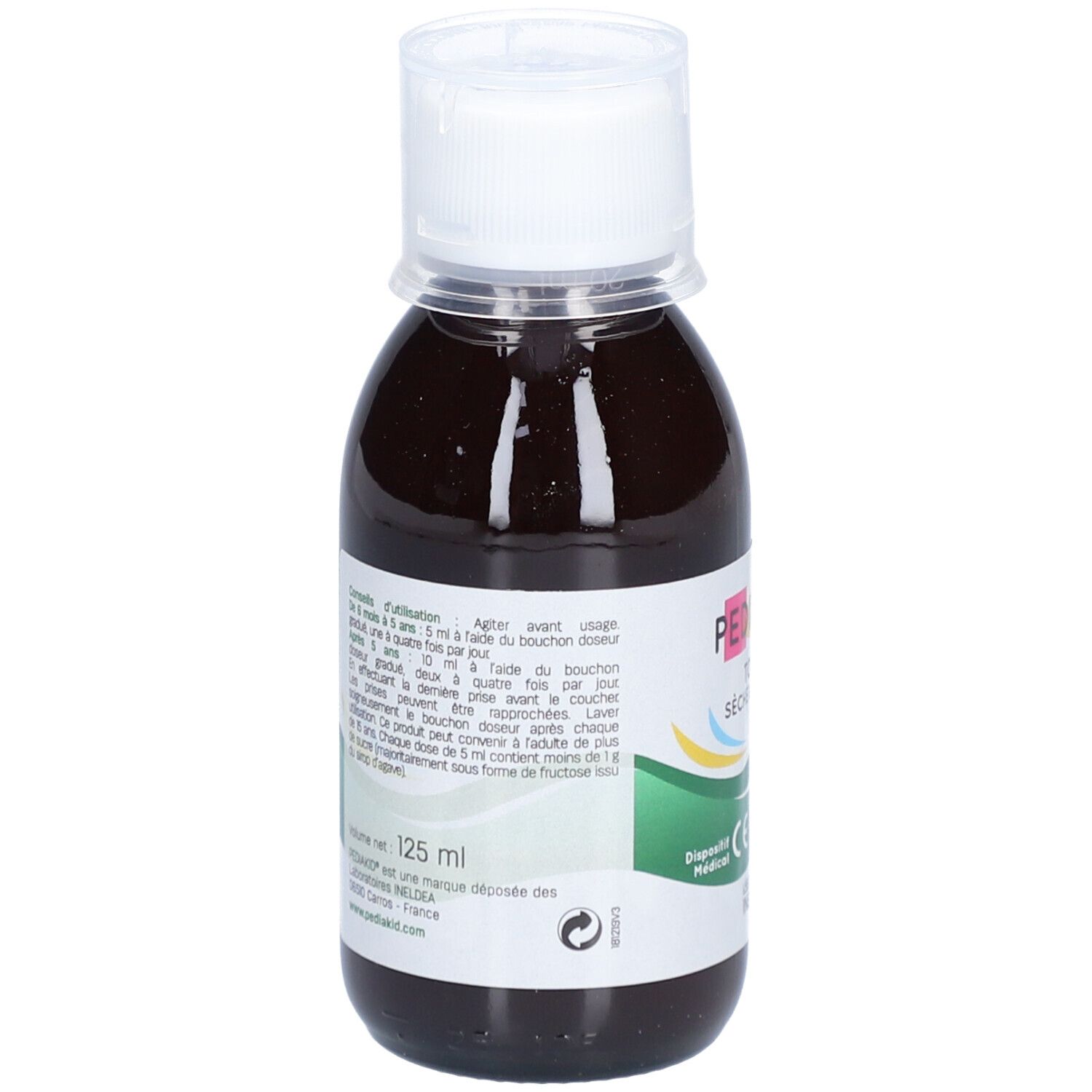 Rückseite einer Flasche mit brauner Flüssigkeit und weißem Deckel. Aufschrift: Pediakid, 125 ml.