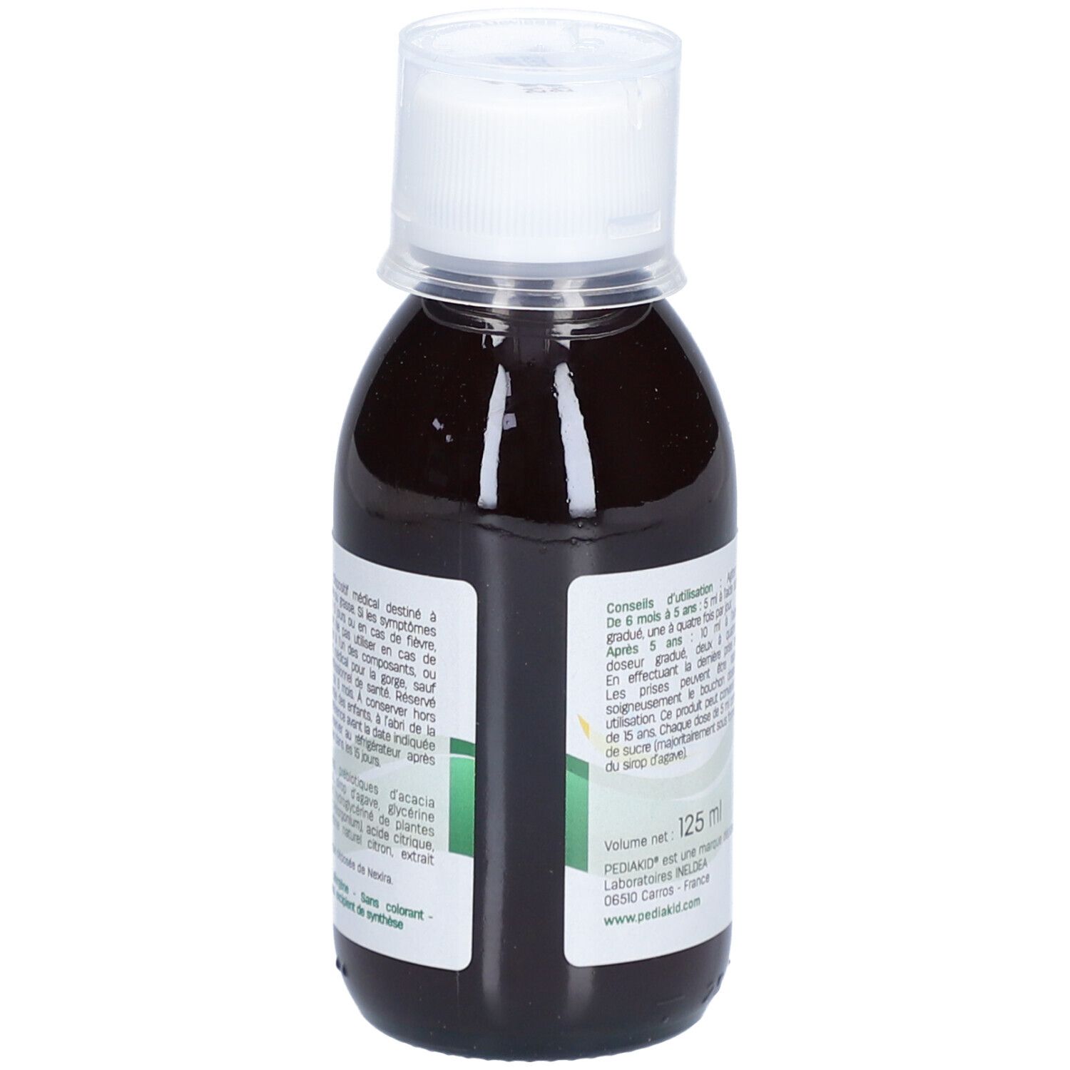 Seite einer Flasche mit brauner Flüssigkeit und weißem Deckel. Aufschrift: Pediakid, 125 ml.