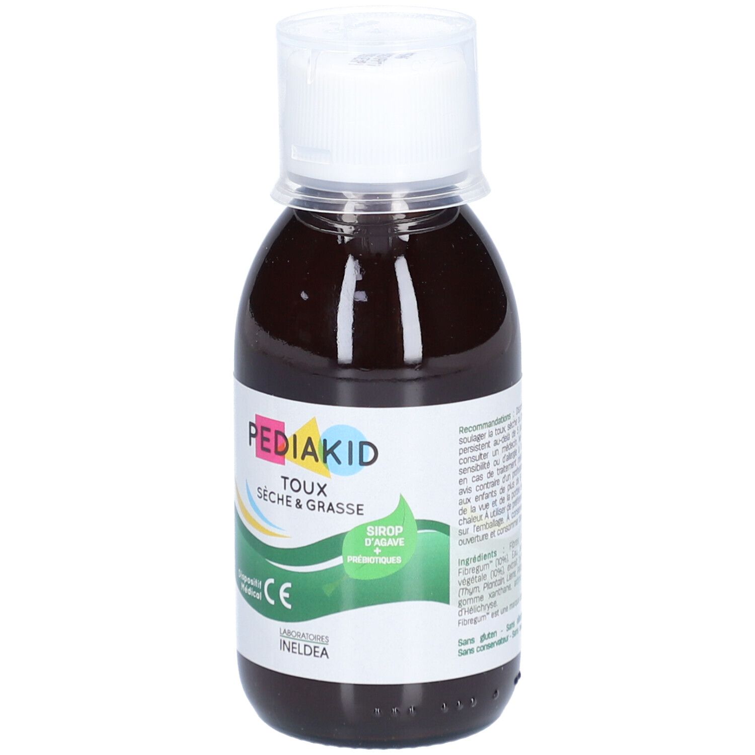 Braune Flüssigkeit in einer Flasche mit weißem Deckel. Aufschrift: Pediakid Hustensirup, CE-Zeichen.