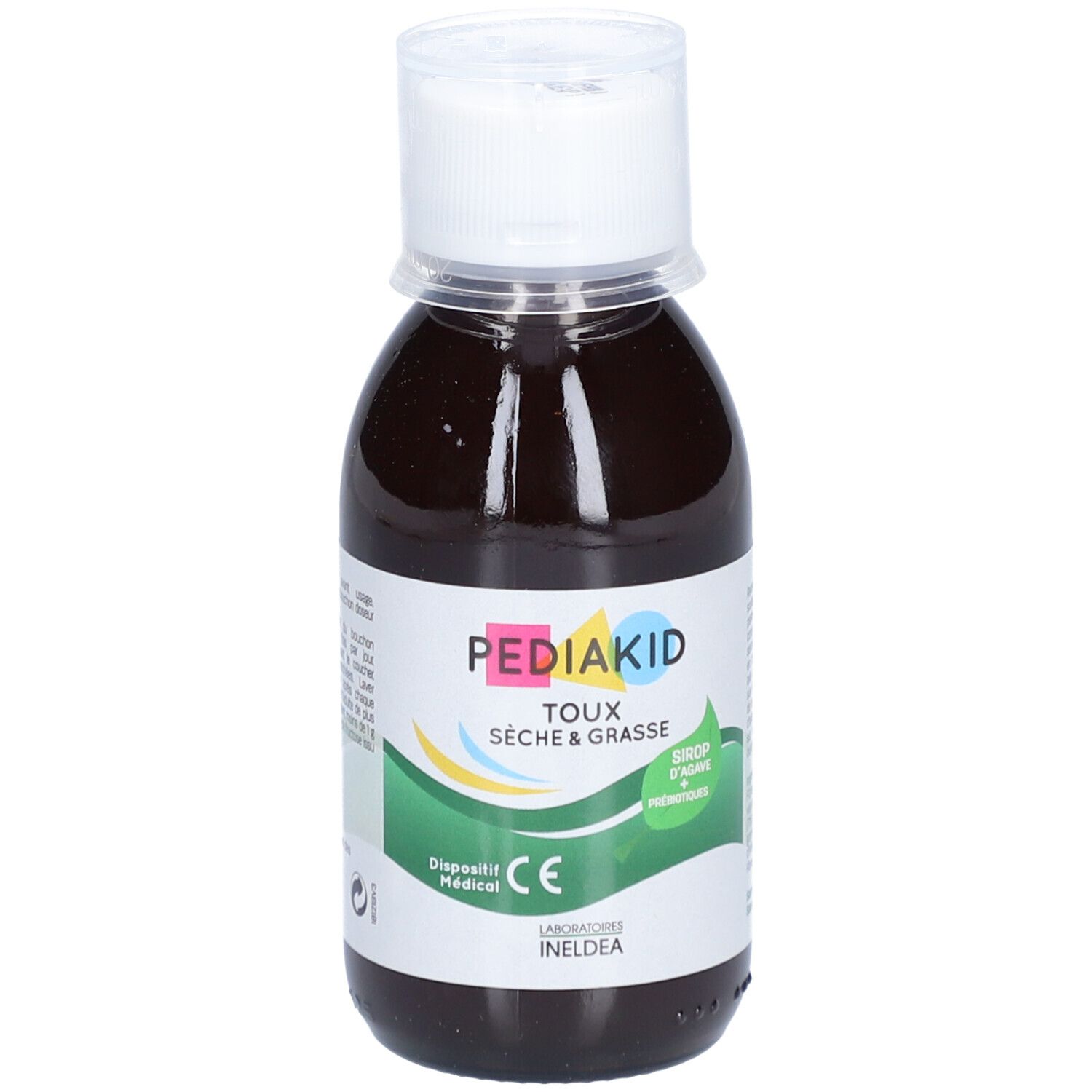 Braune Flüssigkeit in einer Flasche mit weißem Deckel. Aufschrift: Pediakid Hustensirup, CE-Zeichen.