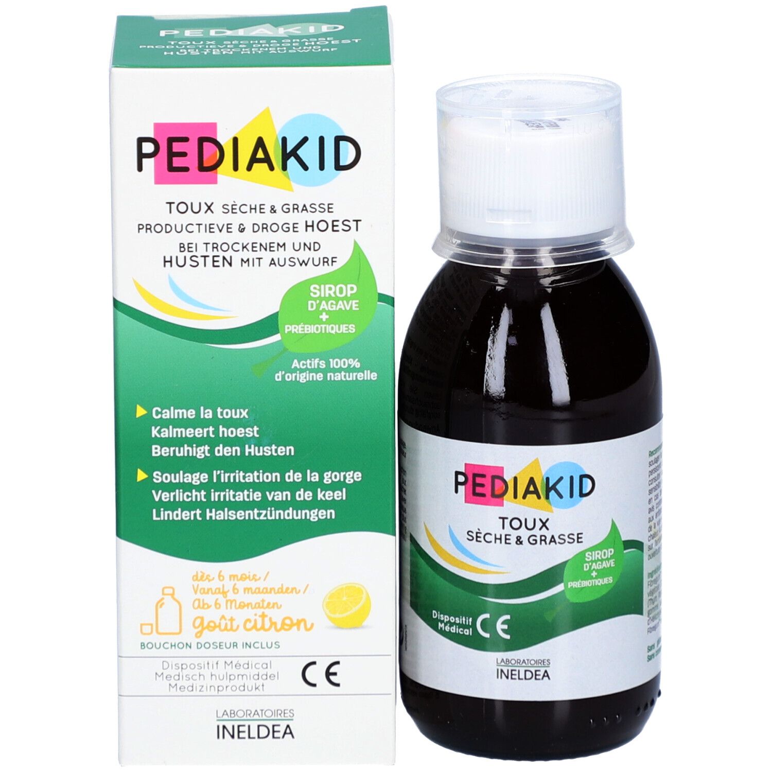 Pediakid Hustensirup-Packung und Flasche. Aufschrift: Husten, trockener Husten, Husten mit Auswurf.