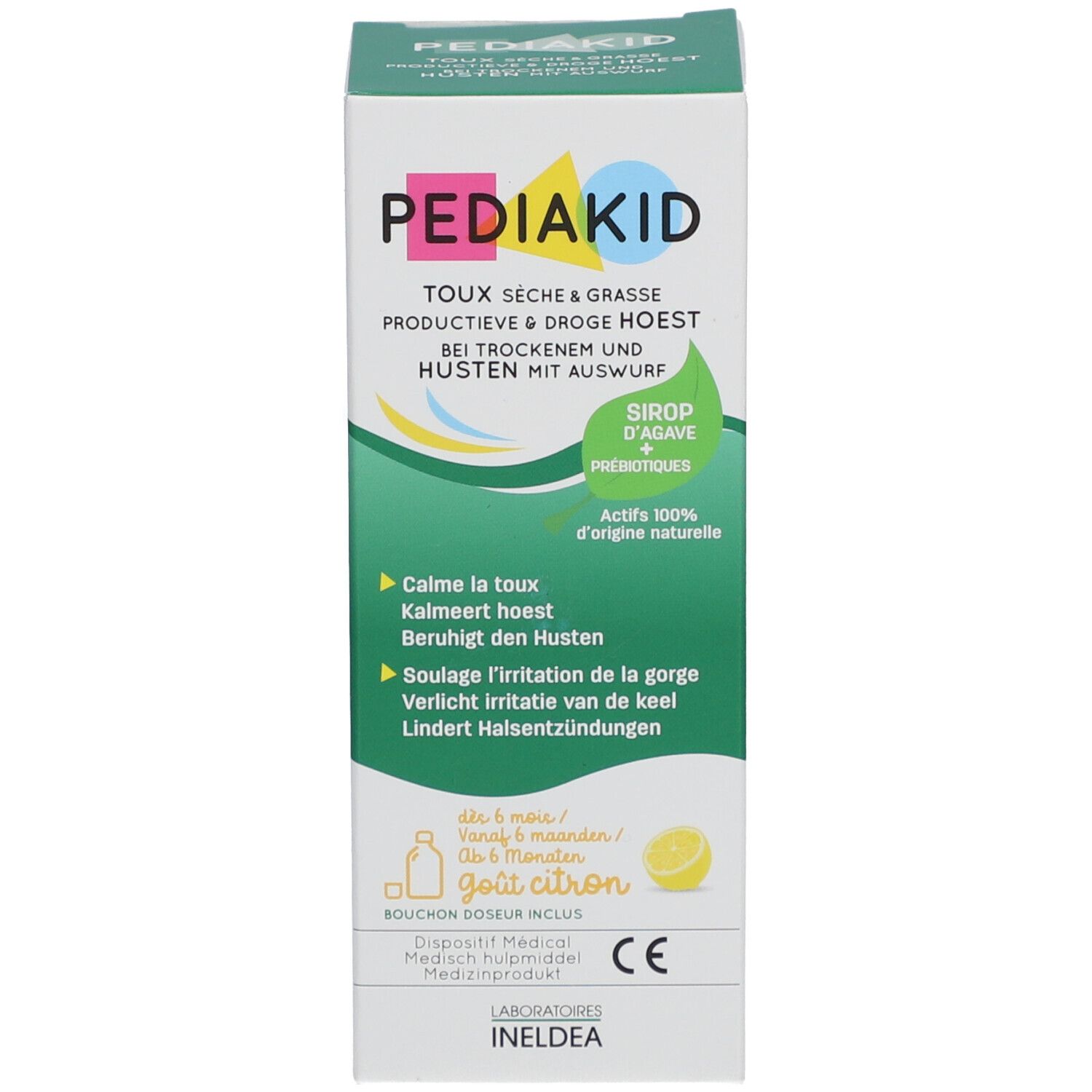 Pediakid Hustensirup-Packung. Aufschrift: Husten, trockener Husten, Husten mit Auswurf.