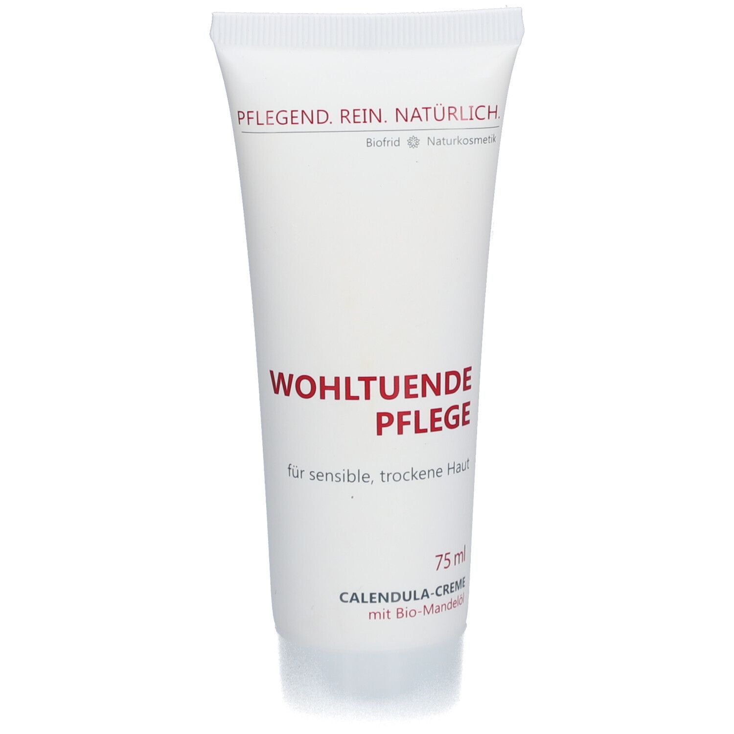 Weiße Tube mit roter Schrift. Aufschrift: WOHLTUENDE PFLEGE, Calendula-Creme. Biofrid Naturkosmetik.
