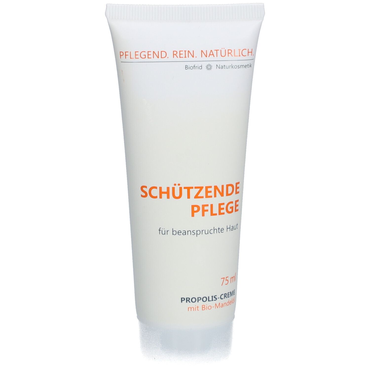 Creme-Tube, weiß, mit Schriftzug. "Schützende Pflege" und "Propolis-Creme" sichtbar. 75 ml.