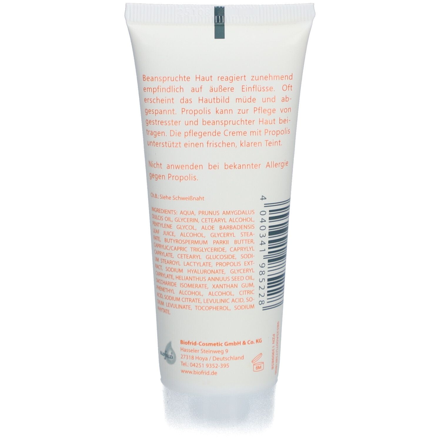 Rückseite der Creme-Tube. Text und Inhaltsstoffe in deutscher Sprache. Barcode sichtbar.