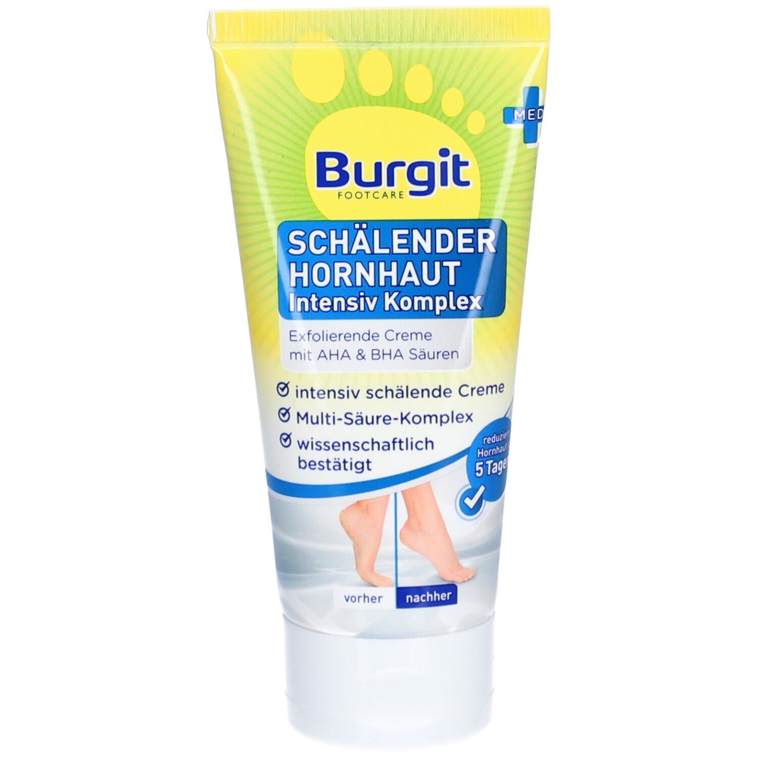 Creme-Tube mit gelb-grünem Design. Text: Burgit FOOTCARE, SCHÄLENDER HORNHAUT Intensiv Komplex. Enthält AHA & BHA Säuren.